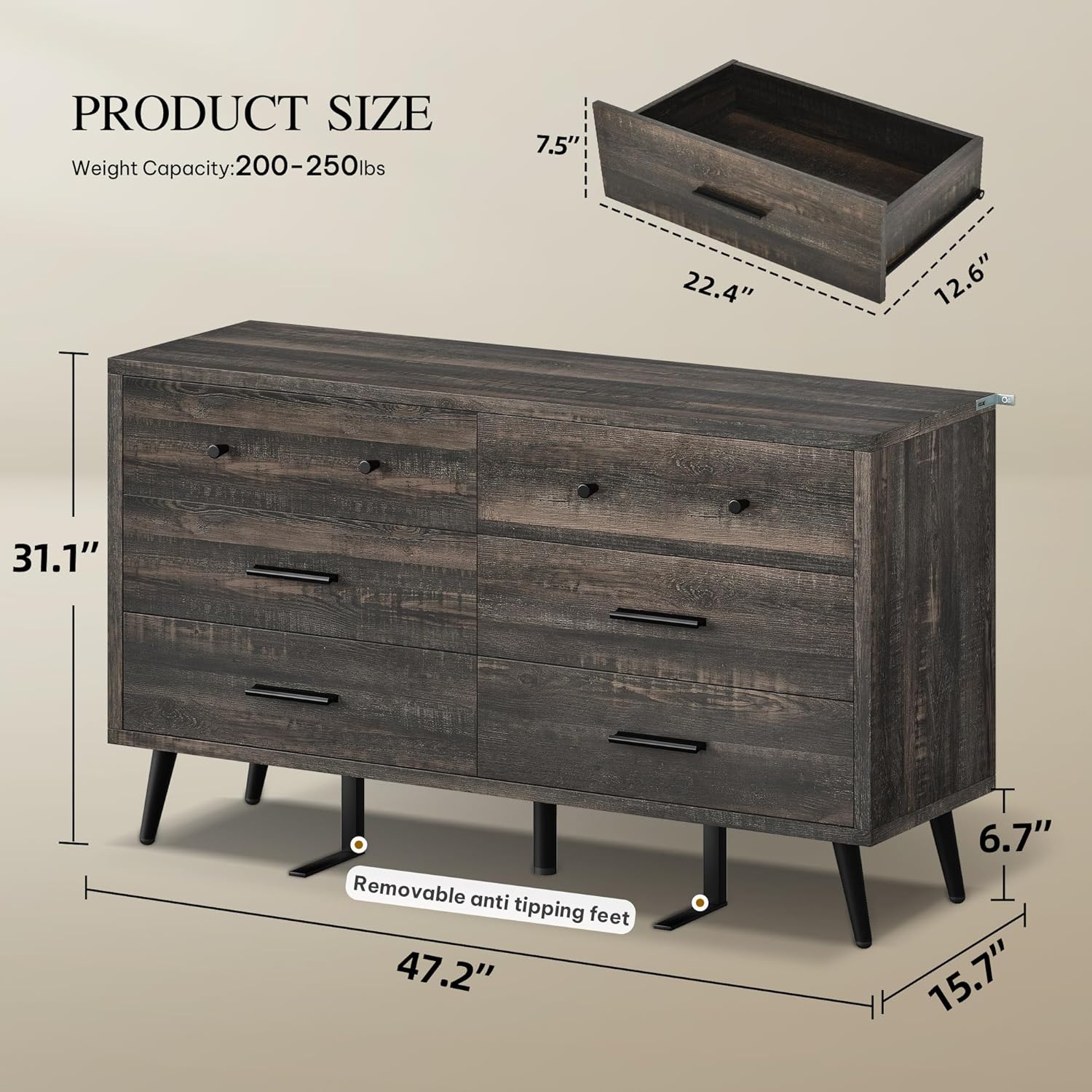 6-Drawer Dresser, Wood Storage Cabinet with Black Metal Handles & Anti-Tip Design, Modern Chest of Drawers for Living Room, Bedroom, or Hallway-Dark Rustic Oak