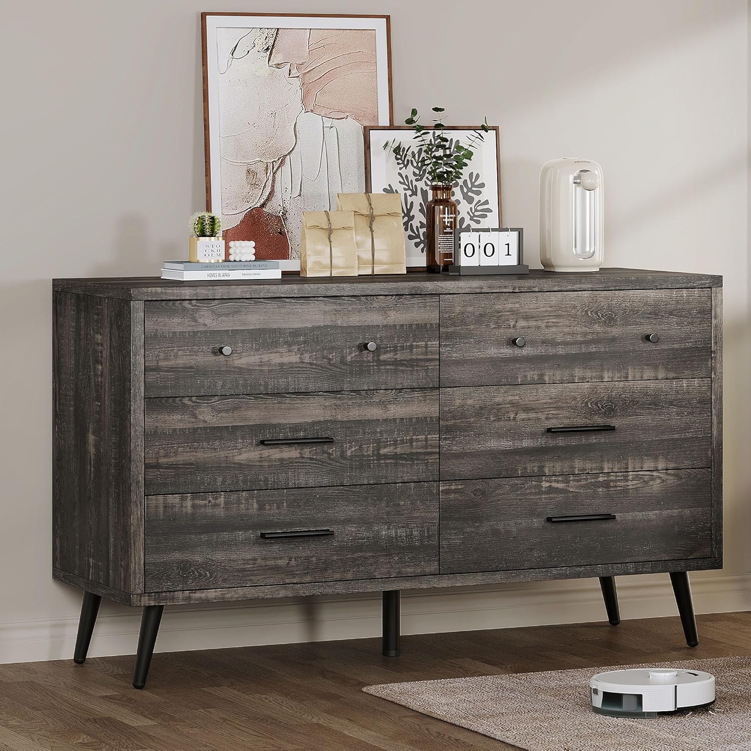 6-Drawer Dresser, Wood Storage Cabinet with Black Metal Handles & Anti-Tip Design, Modern Chest of Drawers for Living Room, Bedroom, or Hallway-Dark Rustic Oak