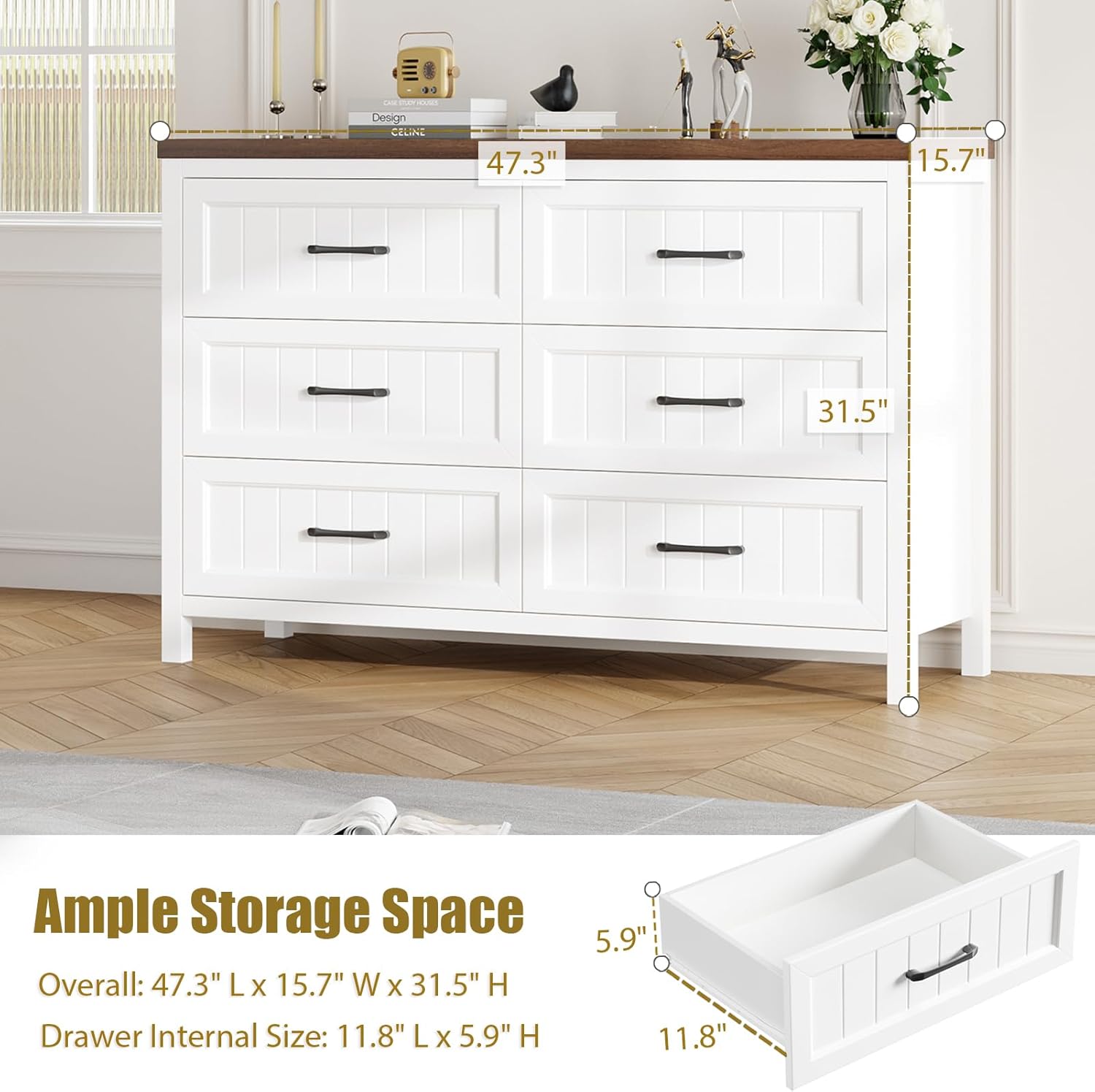 Dresser 6 Drawer Dresser for Bedroom, Large Wooden Dressers Double Grey Dresser with Deep Drawers Dressers for Hallway, Entryway (White and Brown)