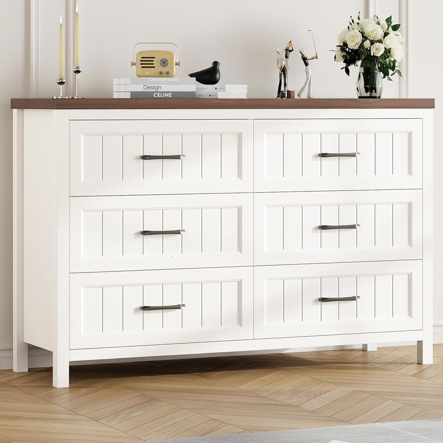 Dresser 6 Drawer Dresser for Bedroom, Large Wooden Dressers Double Grey Dresser with Deep Drawers Dressers for Hallway, Entryway (White and Brown)