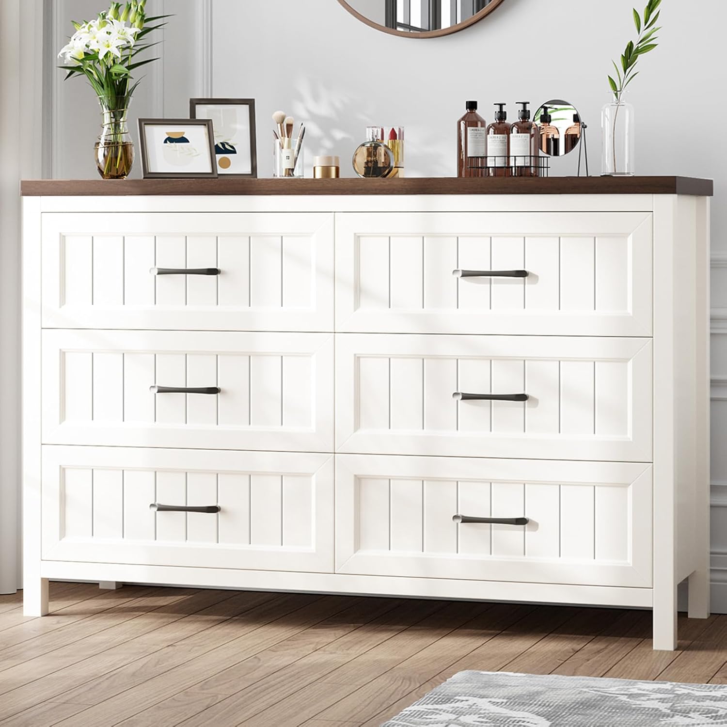 Dresser 6 Drawer Dresser for Bedroom, Large Wooden Dressers Double Grey Dresser with Deep Drawers Dressers for Hallway, Entryway (White and Brown)