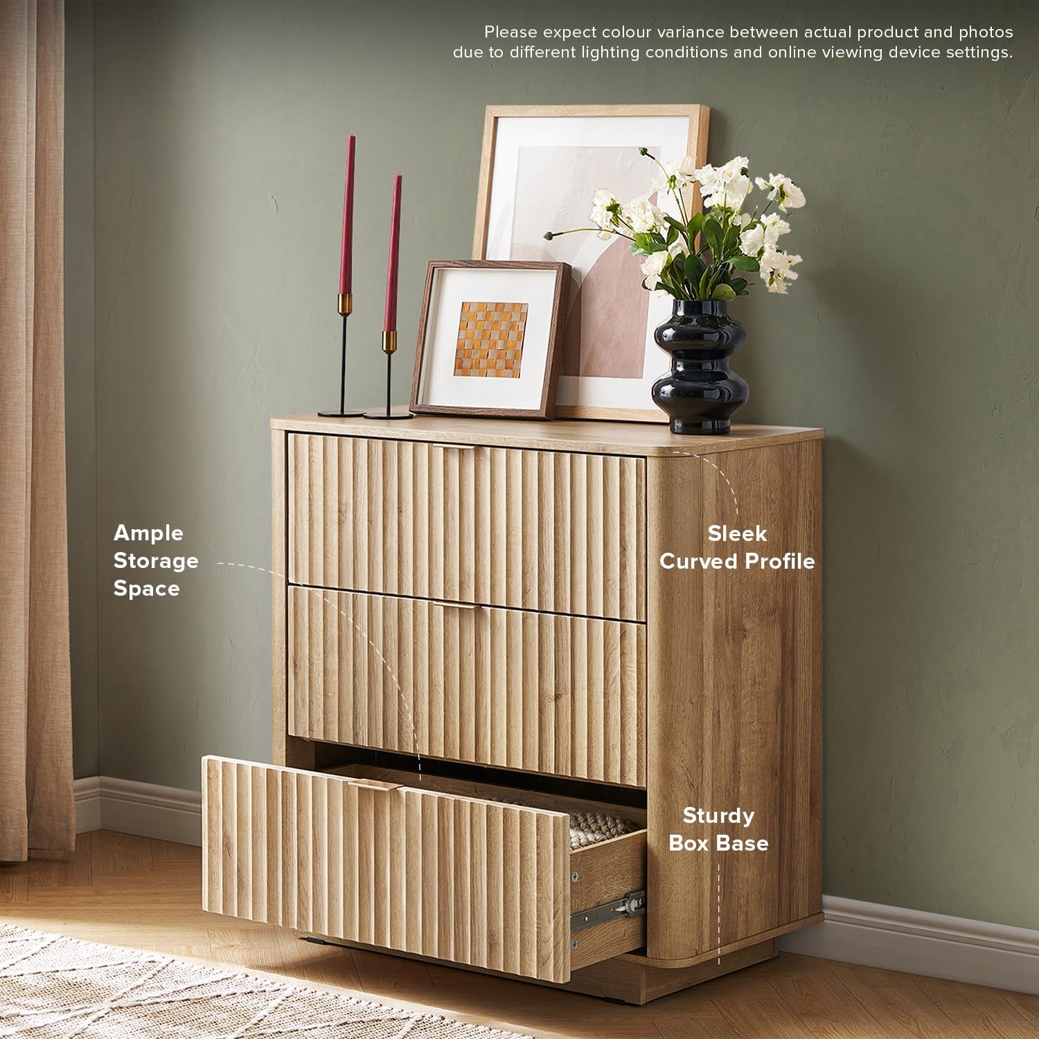3 Drawer Dresser for Bedroom, Mid Century Modern Chest of Drawers, Wood Tall Nightstand, Waveform Fluted Side Table, Enhanced Safety