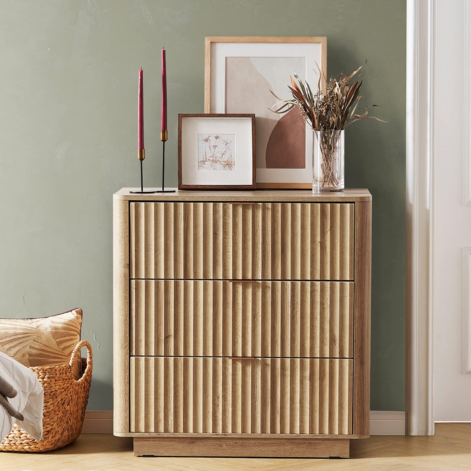 3 Drawer Dresser for Bedroom, Mid Century Modern Chest of Drawers, Wood Tall Nightstand, Waveform Fluted Side Table, Enhanced Safety