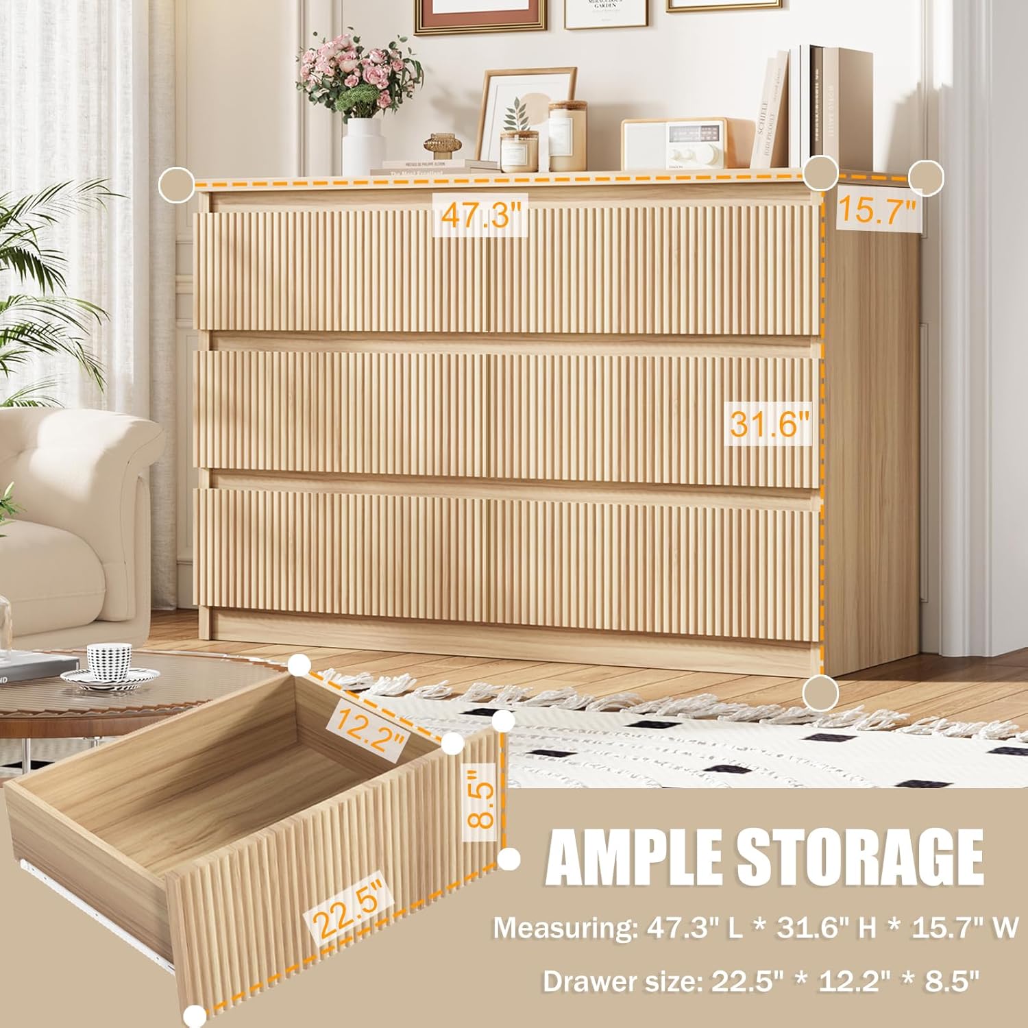 6 Drawer Dresser for Bedroom, Boho Fluted Dresser with Deep Drawers, Large Double Natural Wood Chest of Drawers for Living Room, Hallway, Entryway (Wood)