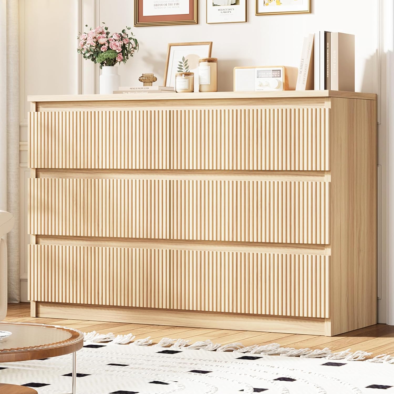 6 Drawer Dresser for Bedroom, Boho Fluted Dresser with Deep Drawers, Large Double Natural Wood Chest of Drawers for Living Room, Hallway, Entryway (Wood)