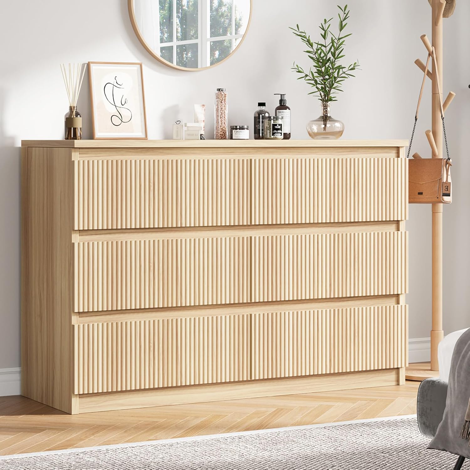 6 Drawer Dresser for Bedroom, Boho Fluted Dresser with Deep Drawers, Large Double Natural Wood Chest of Drawers for Living Room, Hallway, Entryway (Wood)