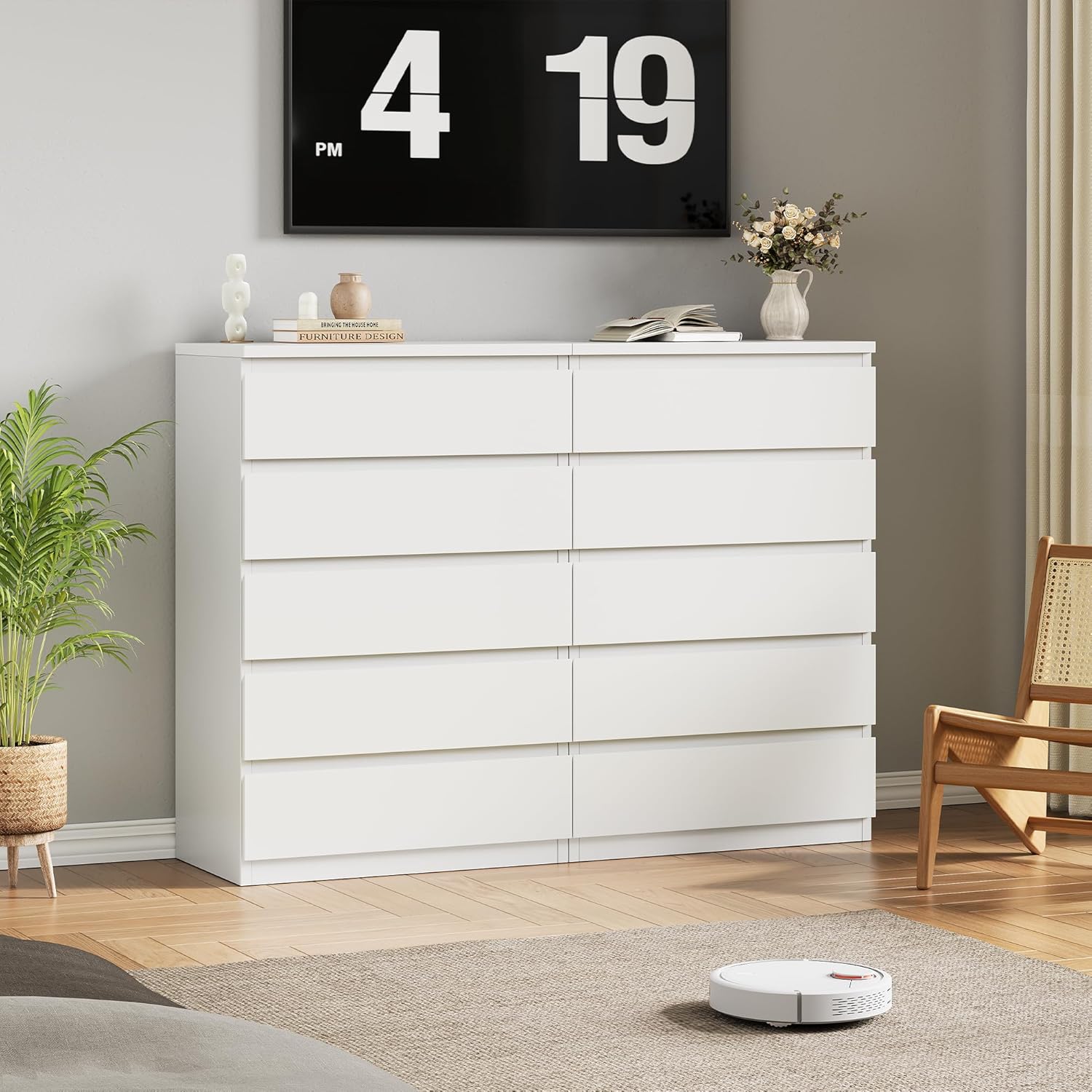 Modern White 5 Drawer Dresser for Bedroom, Simply Chest of Drawers, Wood Storage Dresser with Deep Drawers for Living Room Hallway Entryway, White