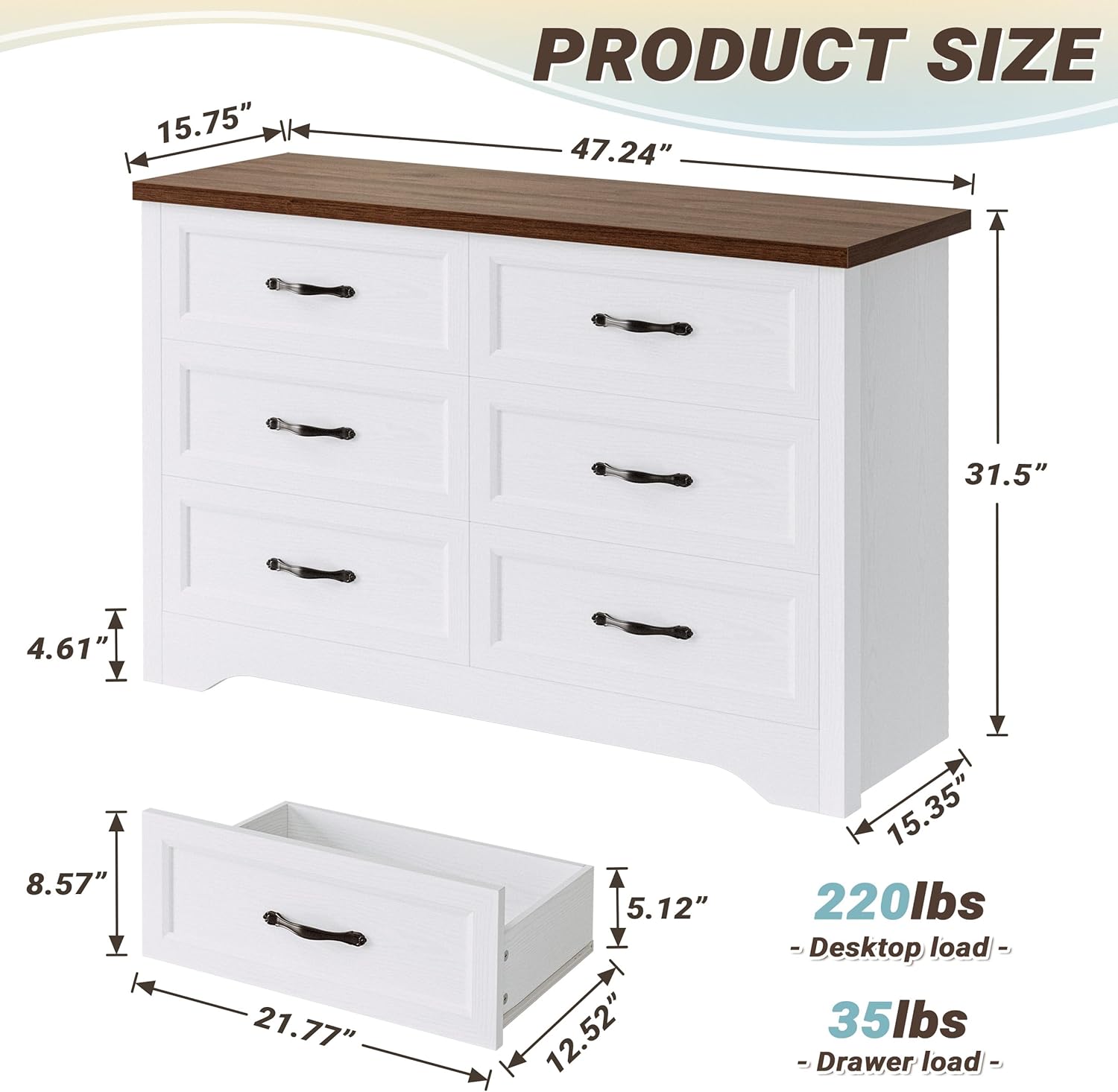 White Dresser for Bedroom, Modern 6 Drawer Double Dresser for Bedroom with Black Handle, Wide Wood Dressers & Chests of Drawers, 6 Drawer Dressers for Hallway, White