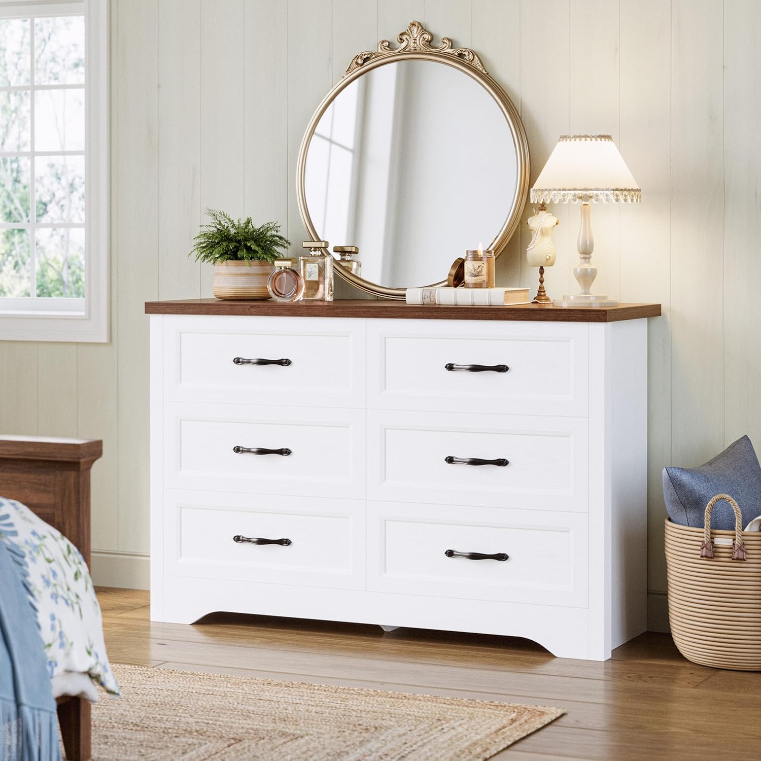 White Dresser for Bedroom, Modern 6 Drawer Double Dresser for Bedroom with Black Handle, Wide Wood Dressers & Chests of Drawers, 6 Drawer Dressers for Hallway, White