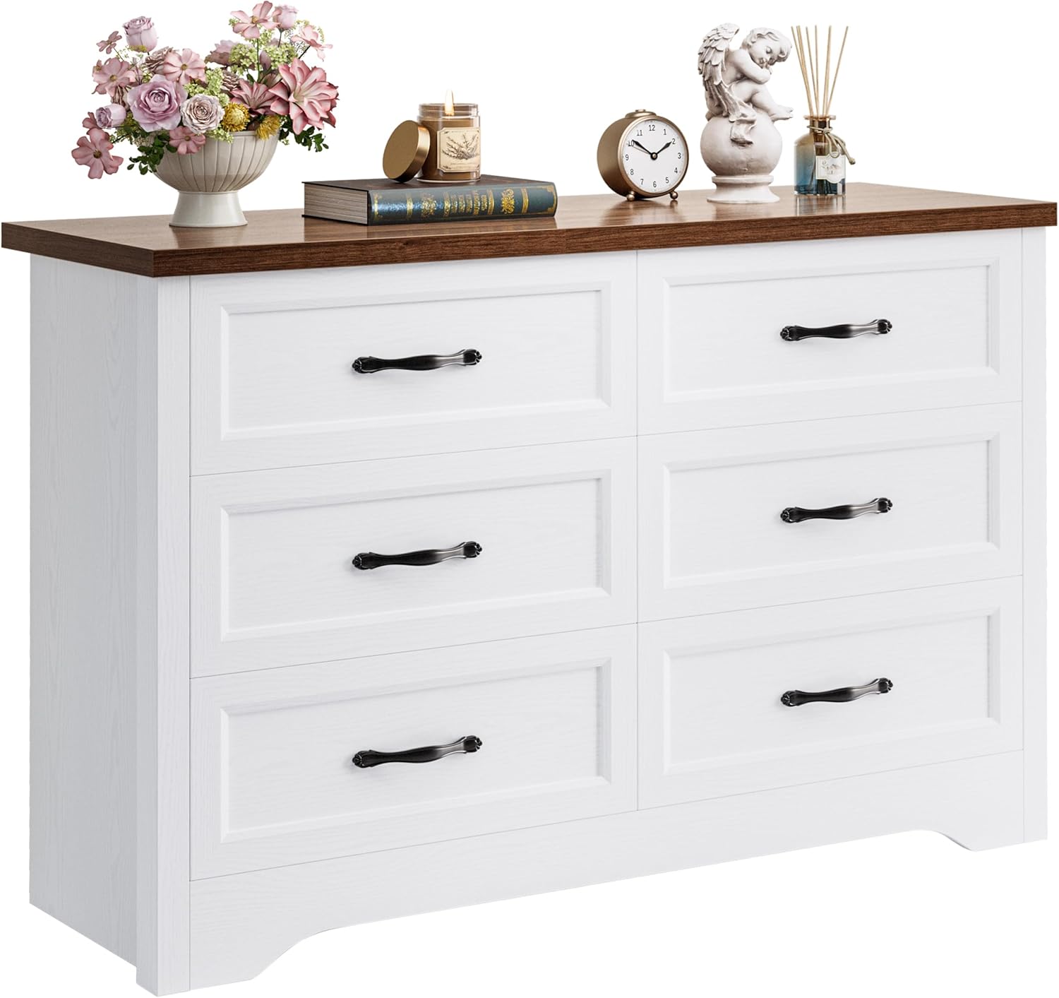 White Dresser for Bedroom, Modern 6 Drawer Double Dresser for Bedroom with Black Handle, Wide Wood Dressers & Chests of Drawers, 6 Drawer Dressers for Hallway, White