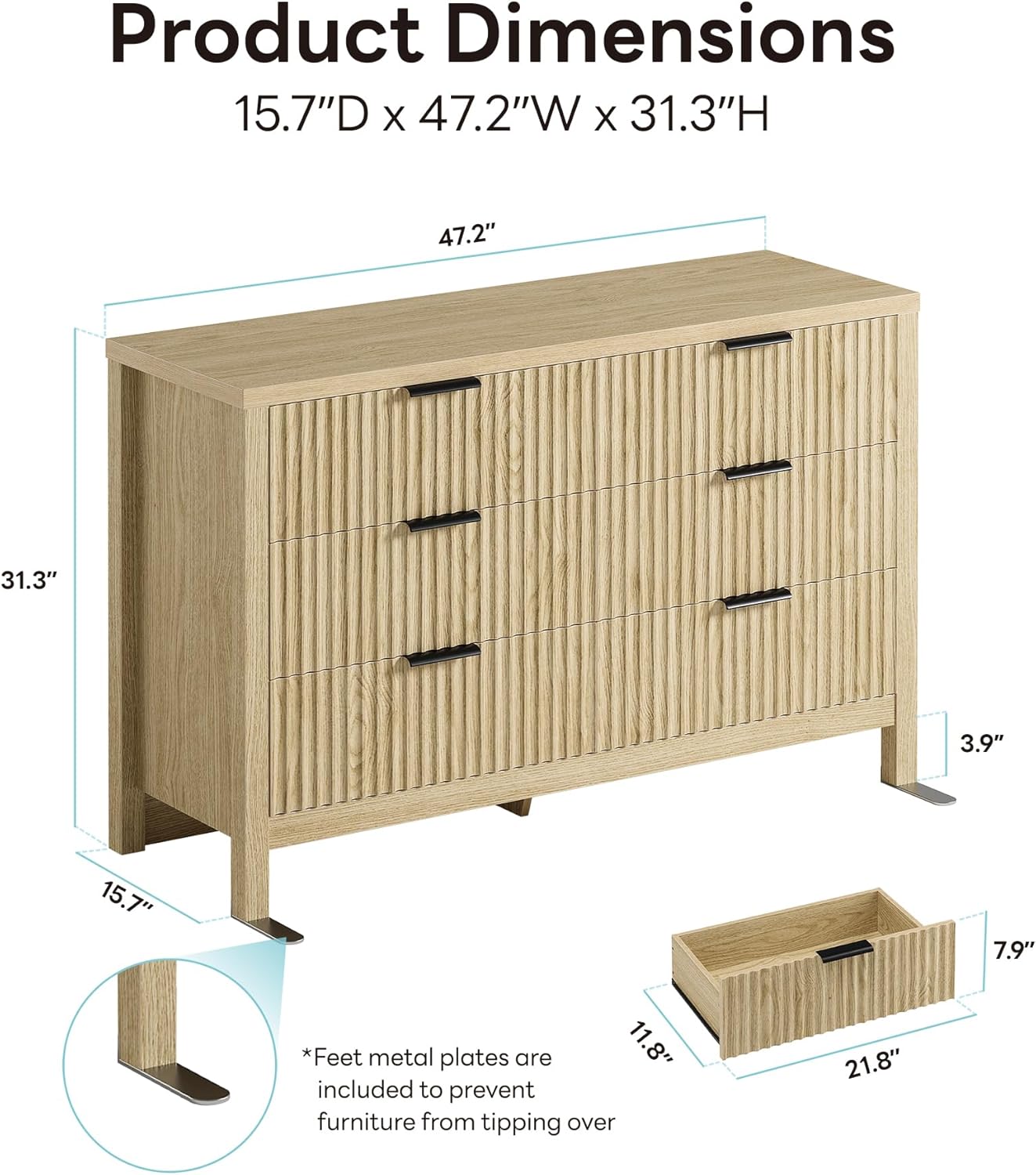 Fluted 6 Drawers Dresser for Bedroom, 47" Wide Modern Chest of Drawers Closet Dressers, Wooden Dresser Storage Organizer for Living Room, Entryway, Hallway, Natural Oak