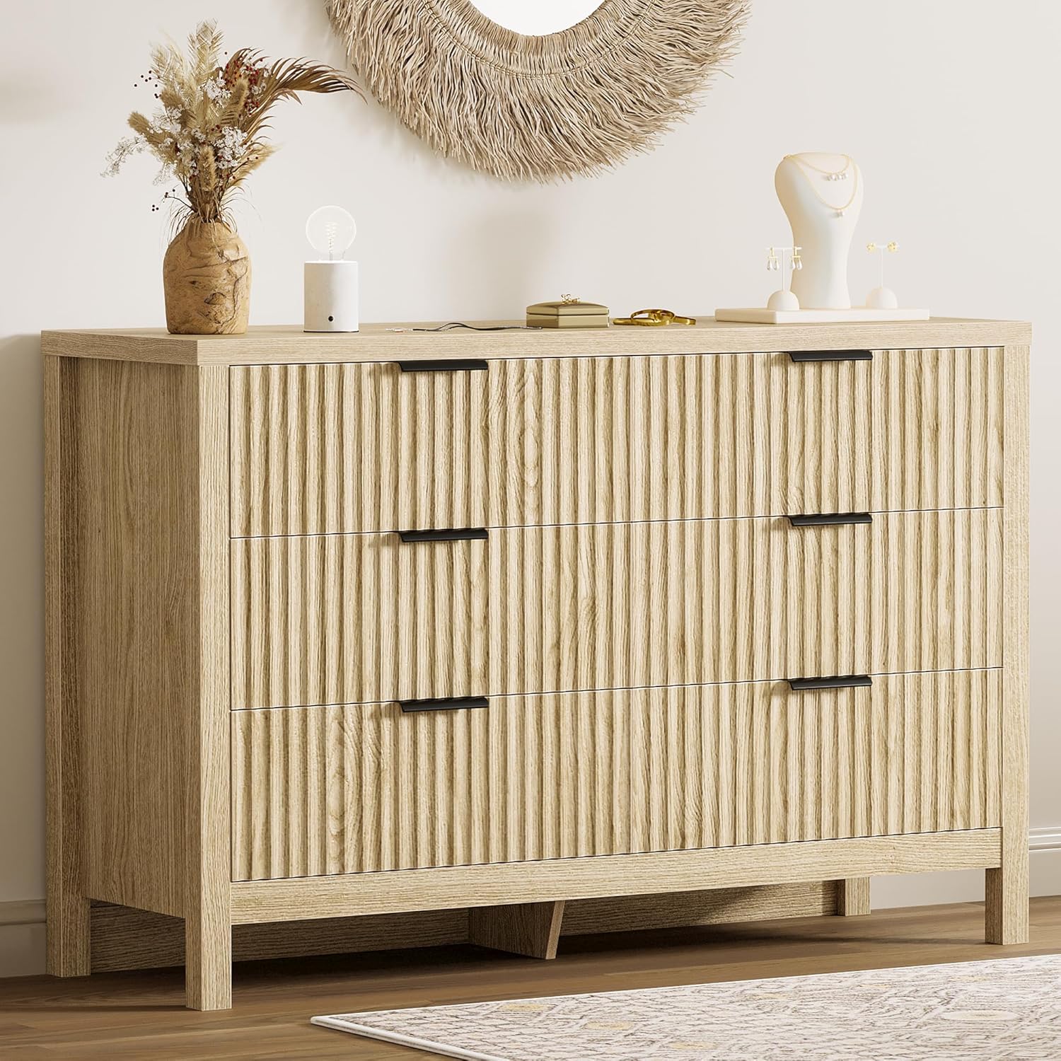 Fluted 6 Drawers Dresser for Bedroom, 47" Wide Modern Chest of Drawers Closet Dressers, Wooden Dresser Storage Organizer for Living Room, Entryway, Hallway, Natural Oak