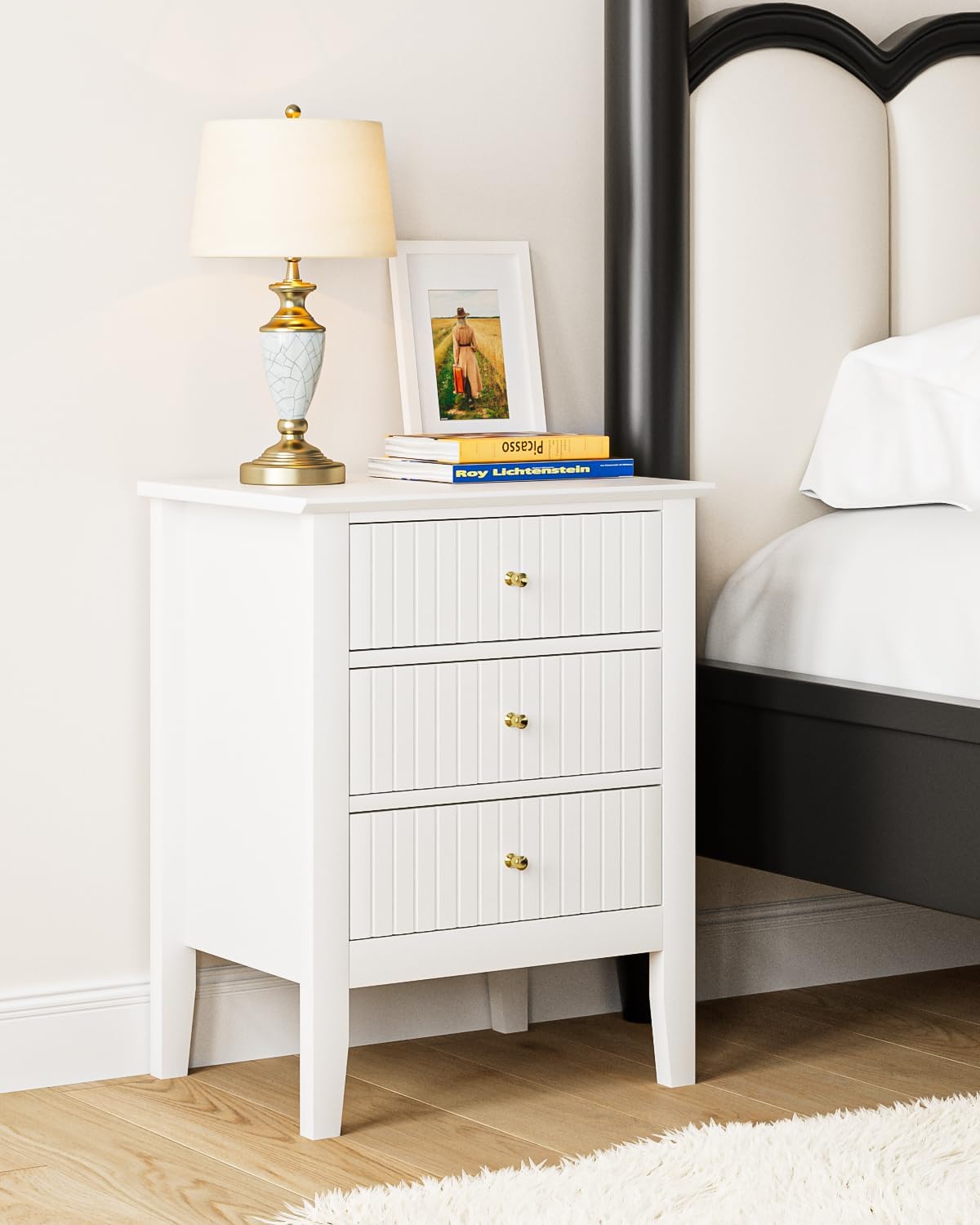 Night Stand, Bedside Table Tall Nightstand with 3 Drawers, Bedroom Cabinet,Wooden Side End Table,3 Drawer Dresser for Bedroom, White