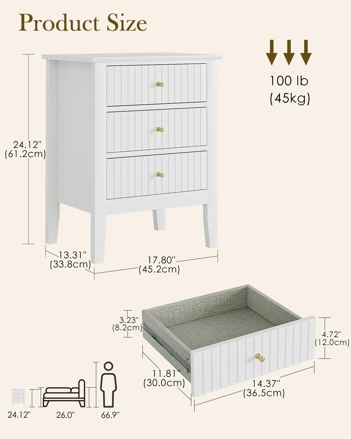 Night Stand, Bedside Table Tall Nightstand with 3 Drawers, Bedroom Cabinet,Wooden Side End Table,3 Drawer Dresser for Bedroom, White