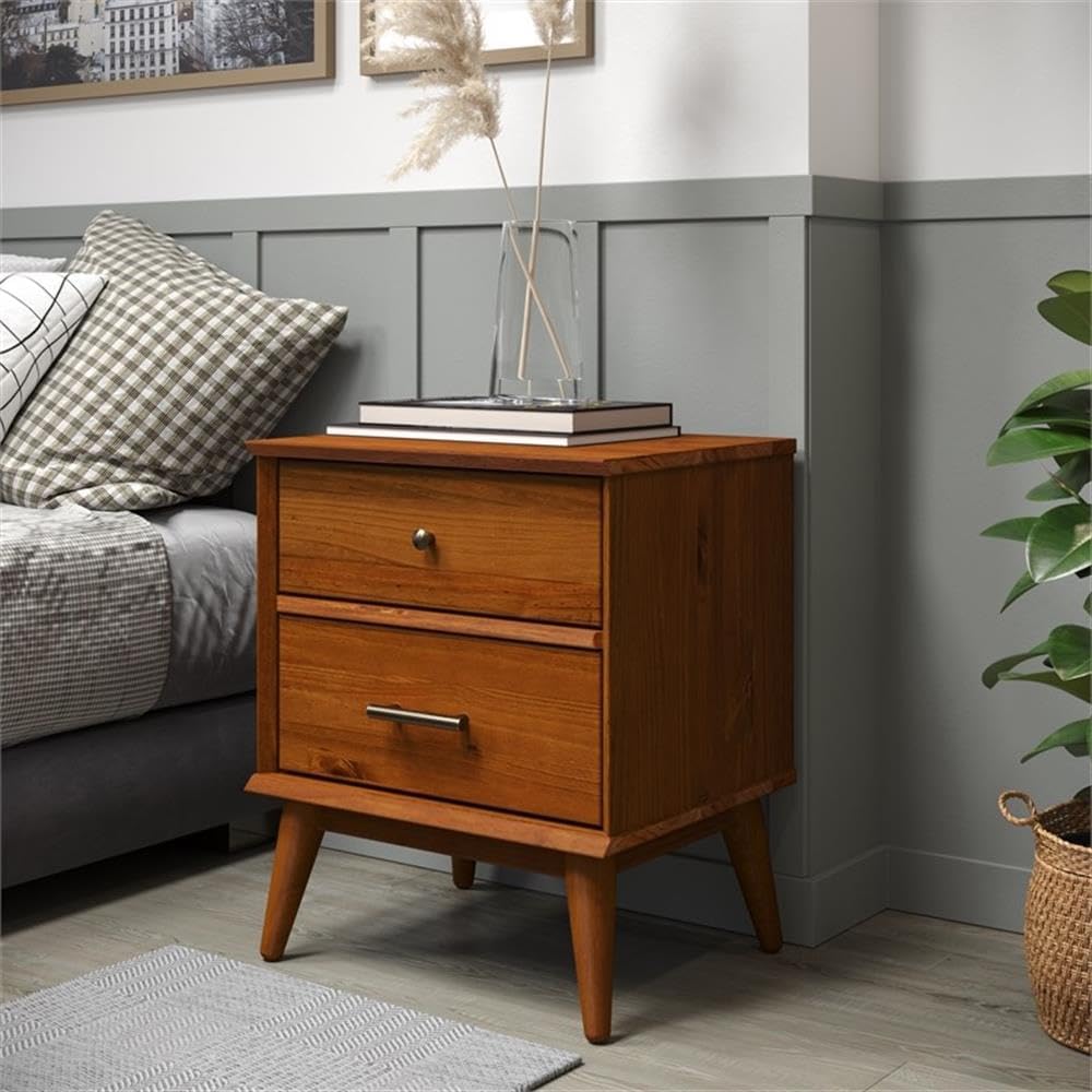 Mid-Century Two Drawer Nightstand/Constructed of Solid Wood/Castanho Finish
