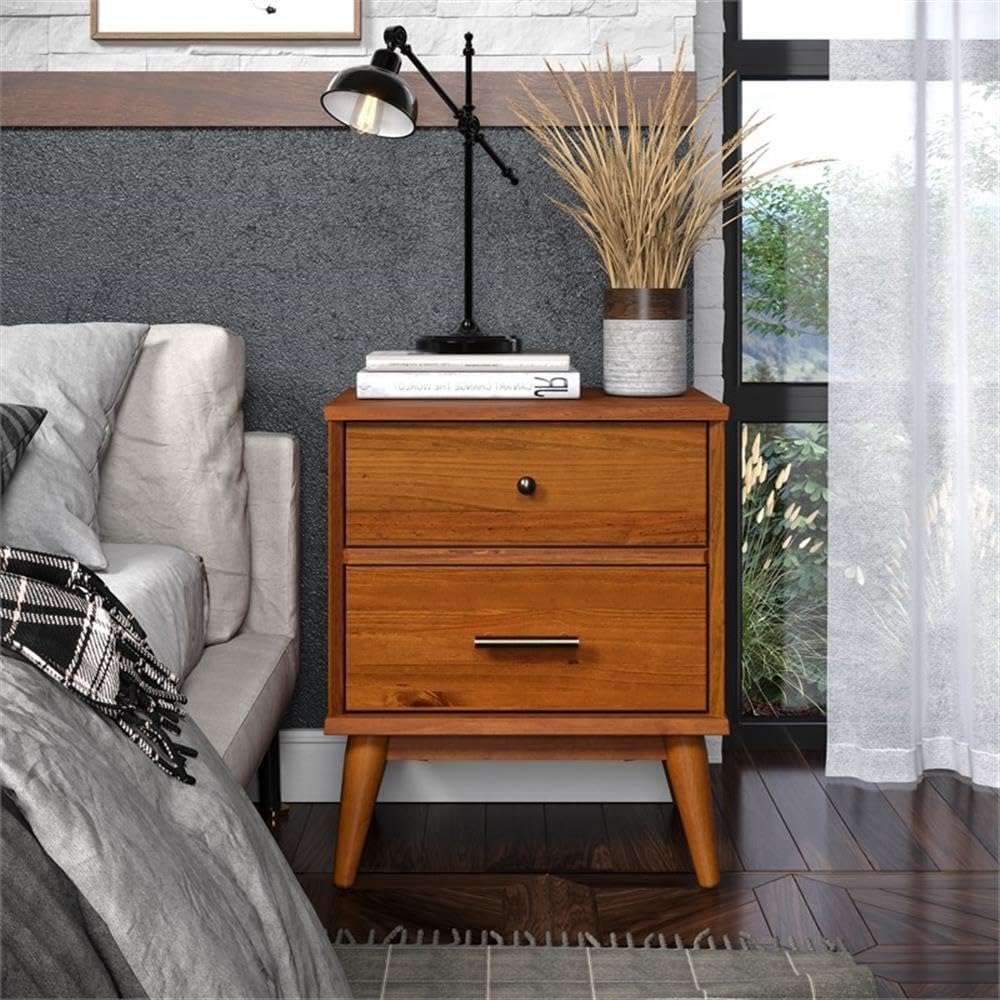 Mid-Century Two Drawer Nightstand/Constructed of Solid Wood/Castanho Finish