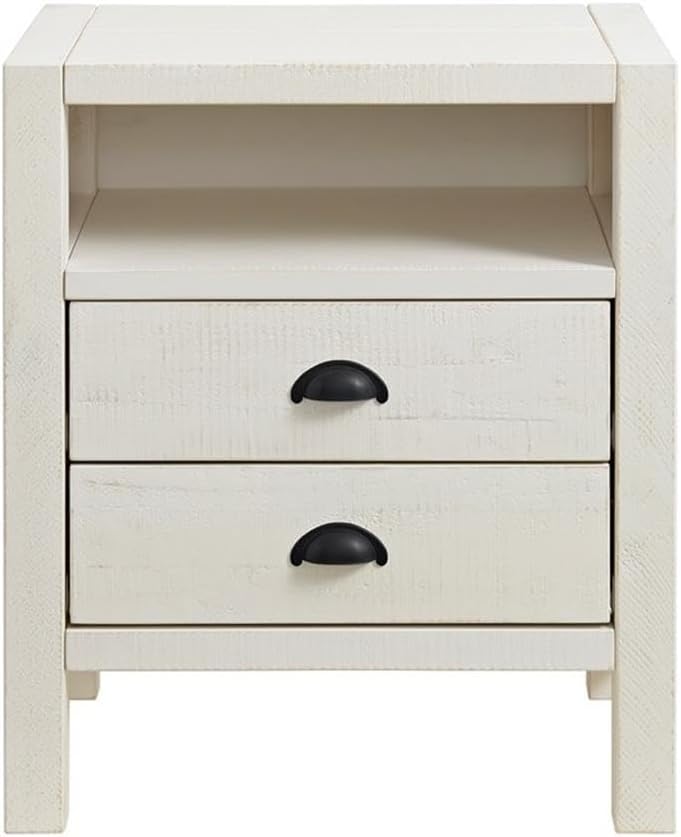 2-Drawer Nightstand, Solid Pine Wood, Driftwood White Finish, Rustic Design with Black Metal Pulls, Spacious Storage with Full-Sized Drawers and Open Shelf, Ideal for Bedroom