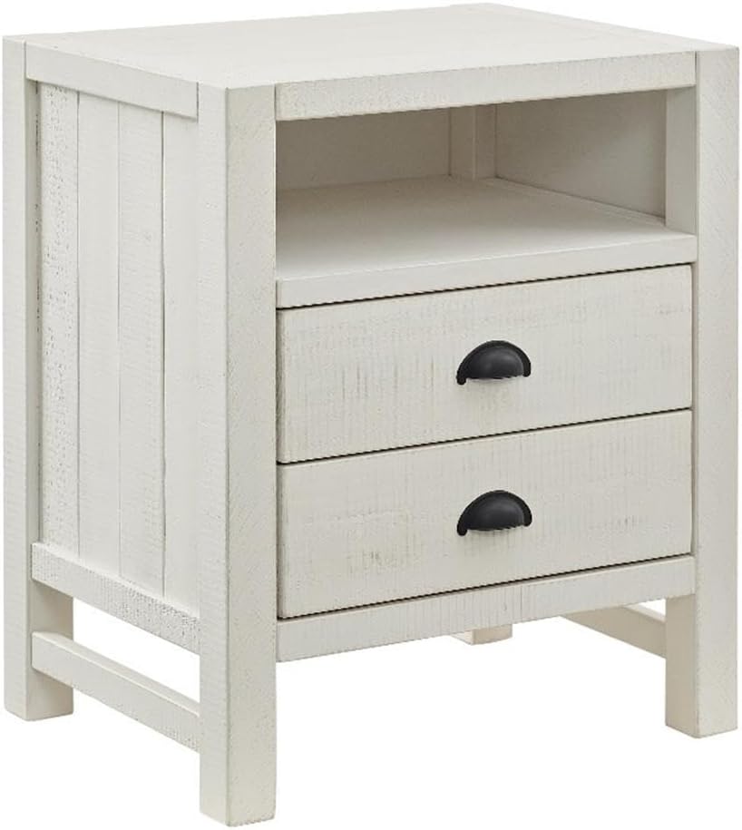 2-Drawer Nightstand, Solid Pine Wood, Driftwood White Finish, Rustic Design with Black Metal Pulls, Spacious Storage with Full-Sized Drawers and Open Shelf, Ideal for Bedroom