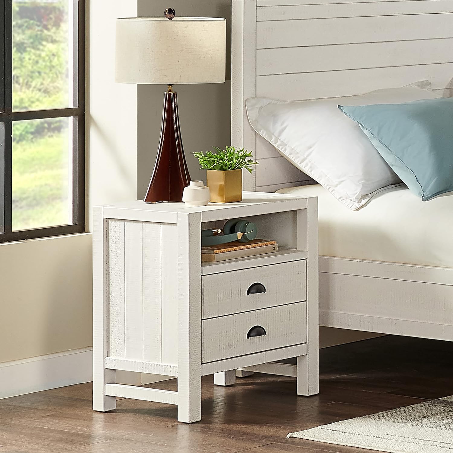 2-Drawer Nightstand, Solid Pine Wood, Driftwood White Finish, Rustic Design with Black Metal Pulls, Spacious Storage with Full-Sized Drawers and Open Shelf, Ideal for Bedroom