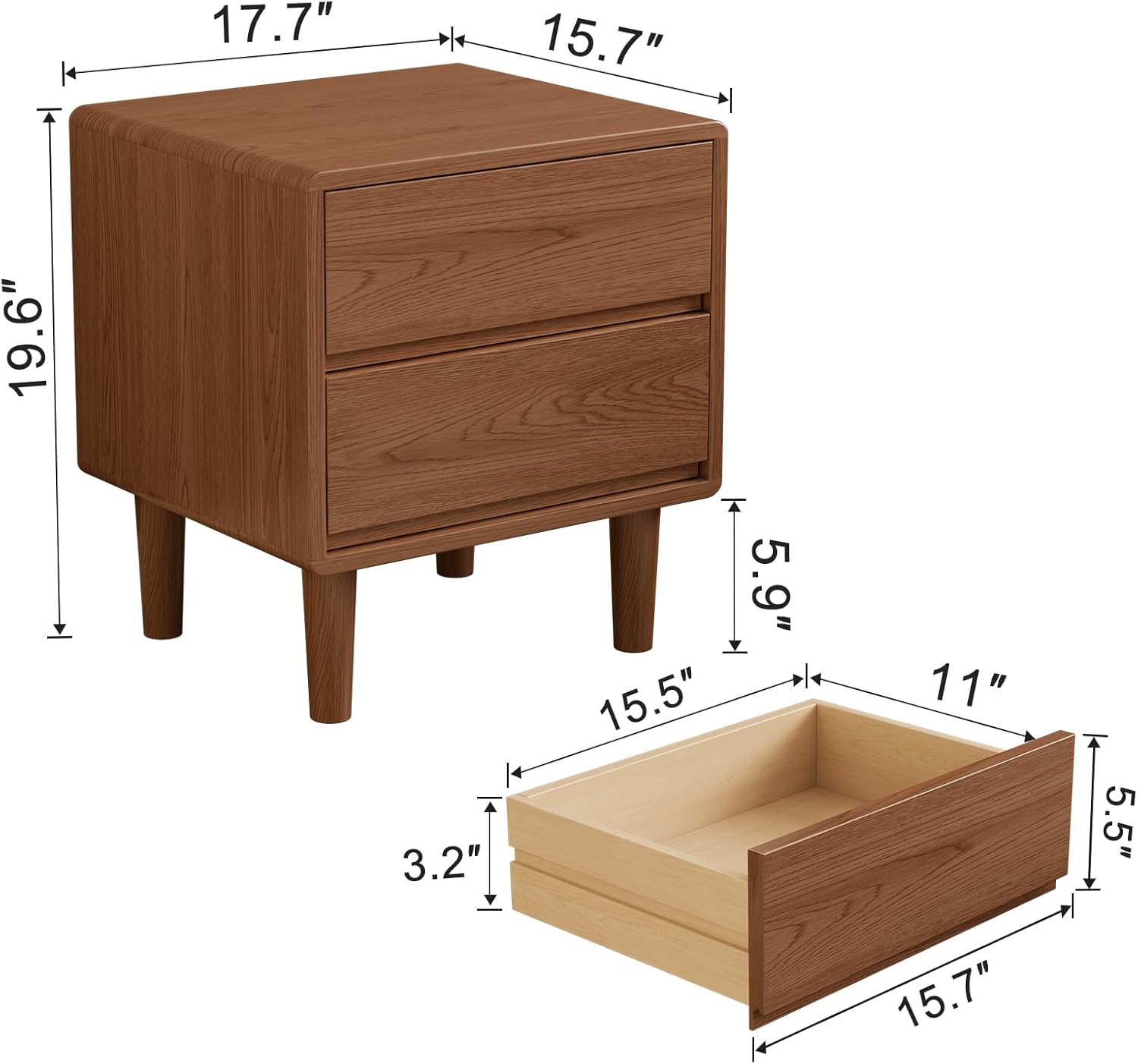 Walnut Nightstand Mid Century Modern Nightstand,Wood Night Stand,Solid Wood End Table for Bedroom,Living Room,Walnut Bedside Table