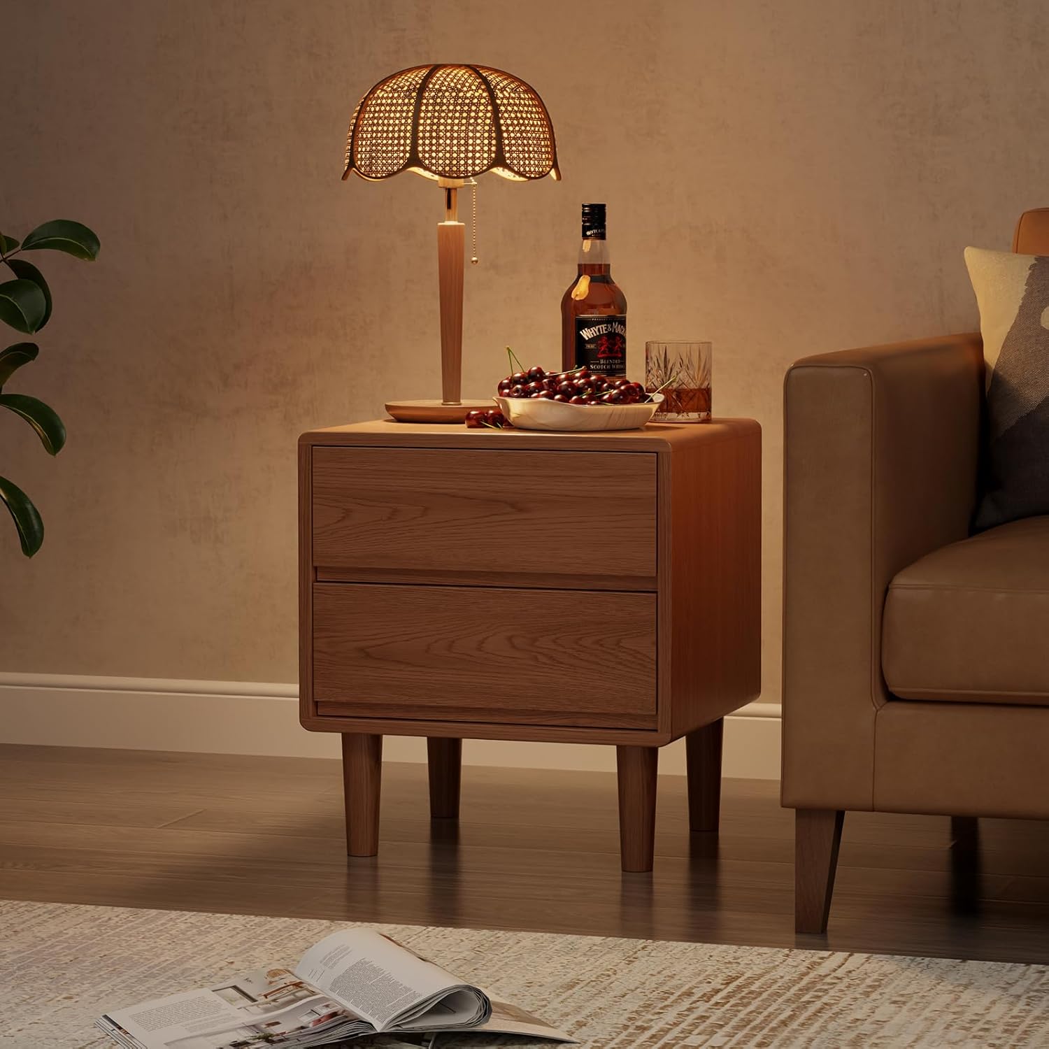 Walnut Nightstand Mid Century Modern Nightstand,Wood Night Stand,Solid Wood End Table for Bedroom,Living Room,Walnut Bedside Table