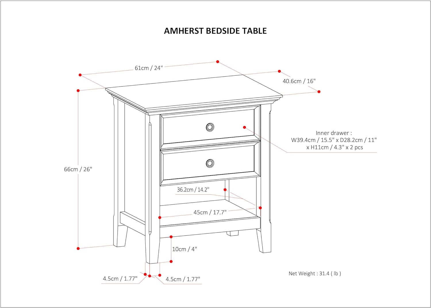 24 inches Wide Night Stand, Bedside table, White SOLID WOOD, Rectangle, with Storage, 2 Drawers and 1 Shelf, For the Bedroom, Transitional, White