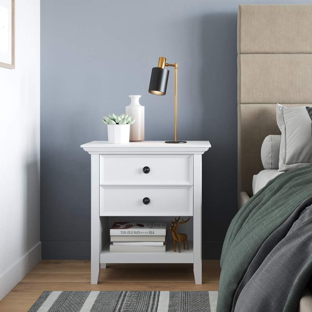 24 inches Wide Night Stand, Bedside table, White SOLID WOOD, Rectangle, with Storage, 2 Drawers and 1 Shelf, For the Bedroom, Transitional, White
