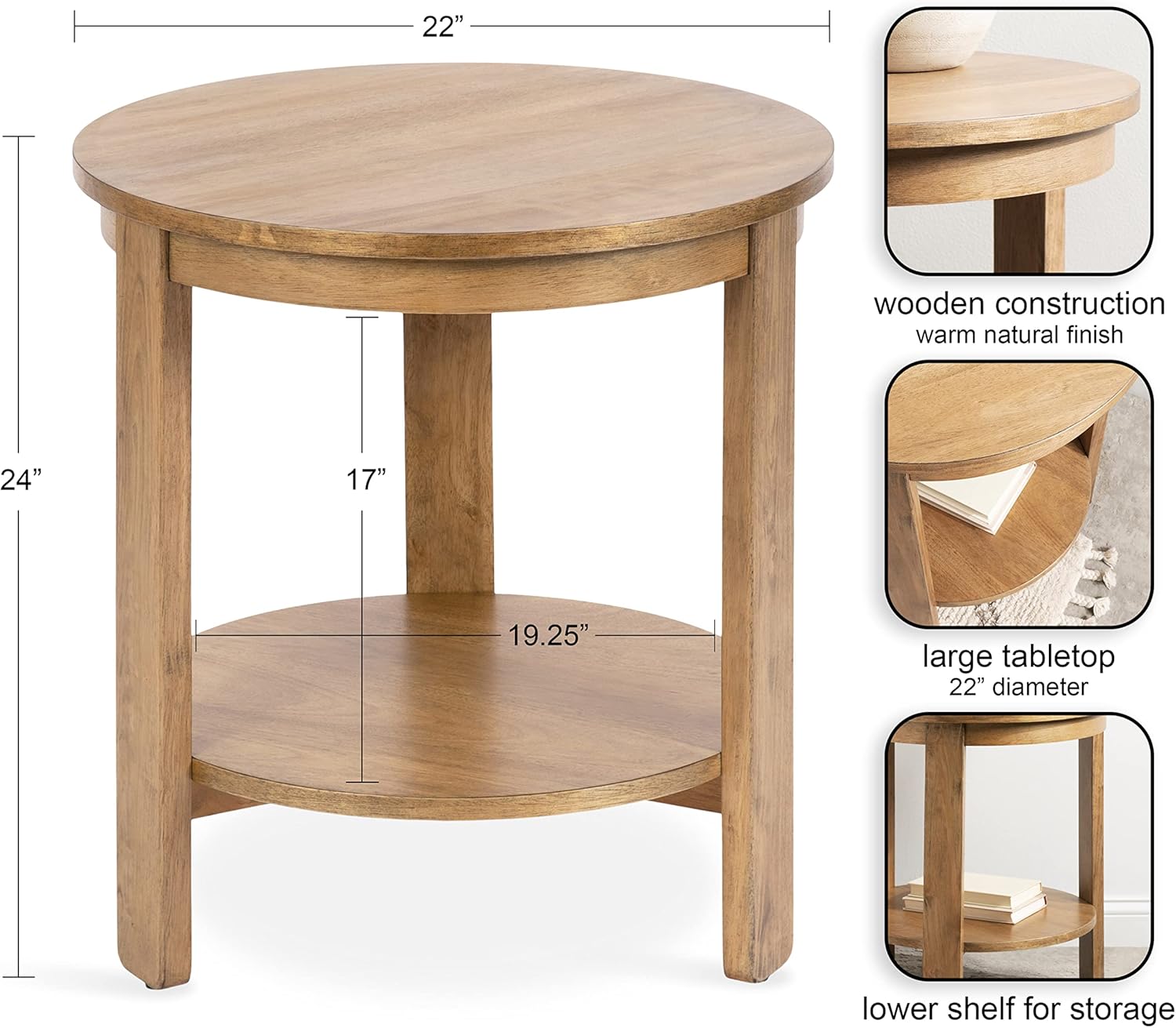 Round Side Table, 22 x 22 x 24, Natural Brown, Transitional Two-Tier Circle Nightstand Table with Storage and Resilient Wood Construction for Bedroom Decor