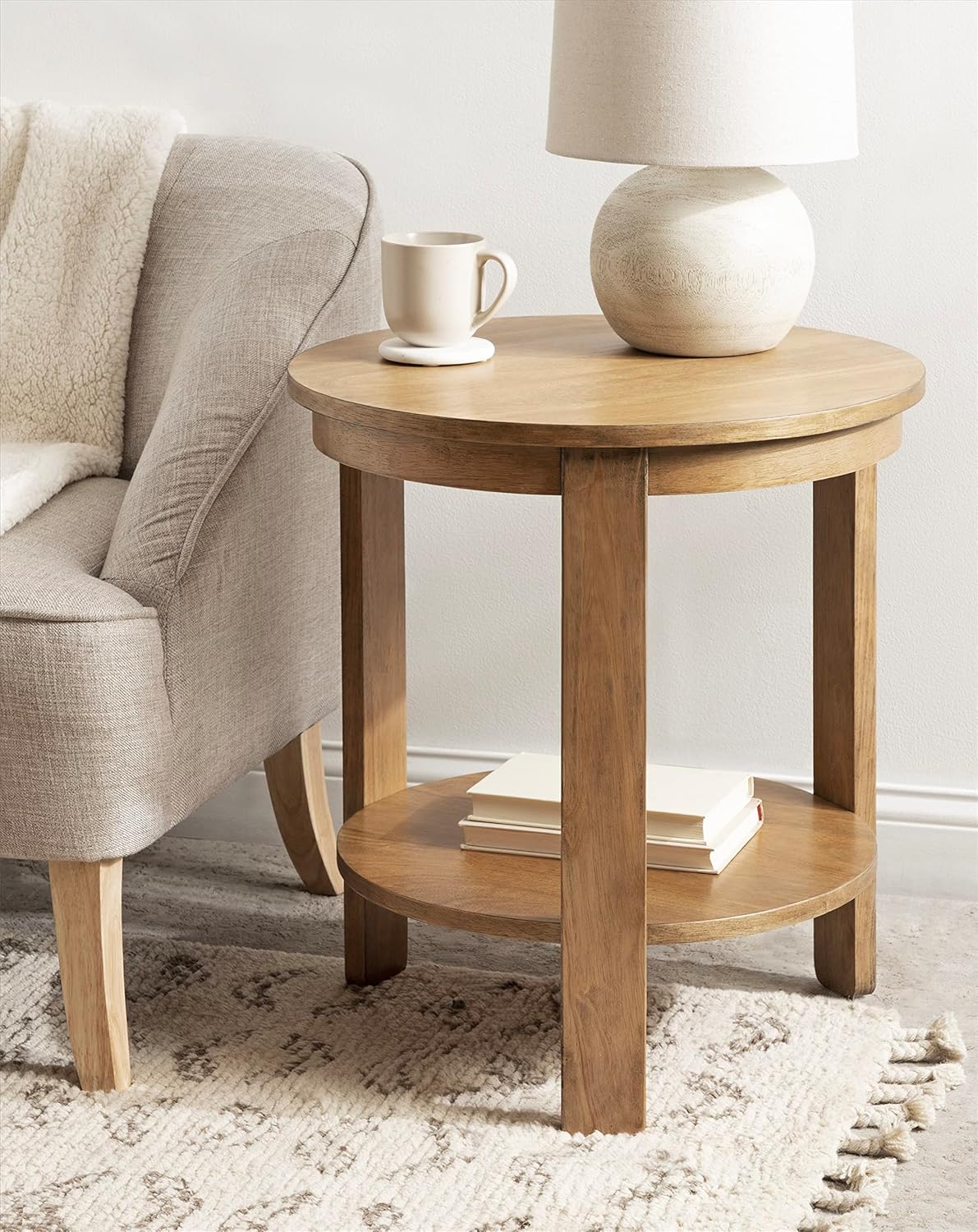Round Side Table, 22 x 22 x 24, Natural Brown, Transitional Two-Tier Circle Nightstand Table with Storage and Resilient Wood Construction for Bedroom Decor