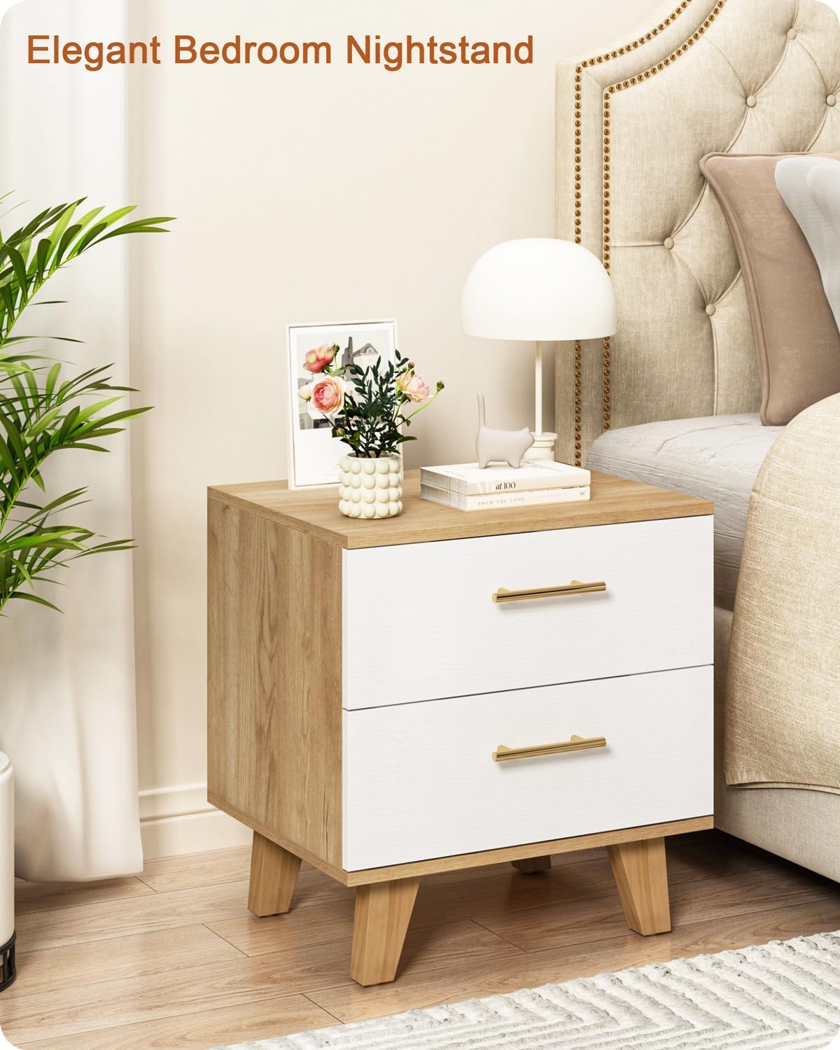 White Light Wood Nightstand with 2 Drawers - Night Stand with Drawers - Bedside Tables with Storage - Bed Side Table for Bedroom, 19.7" W x 15.7" D x 21.1" H