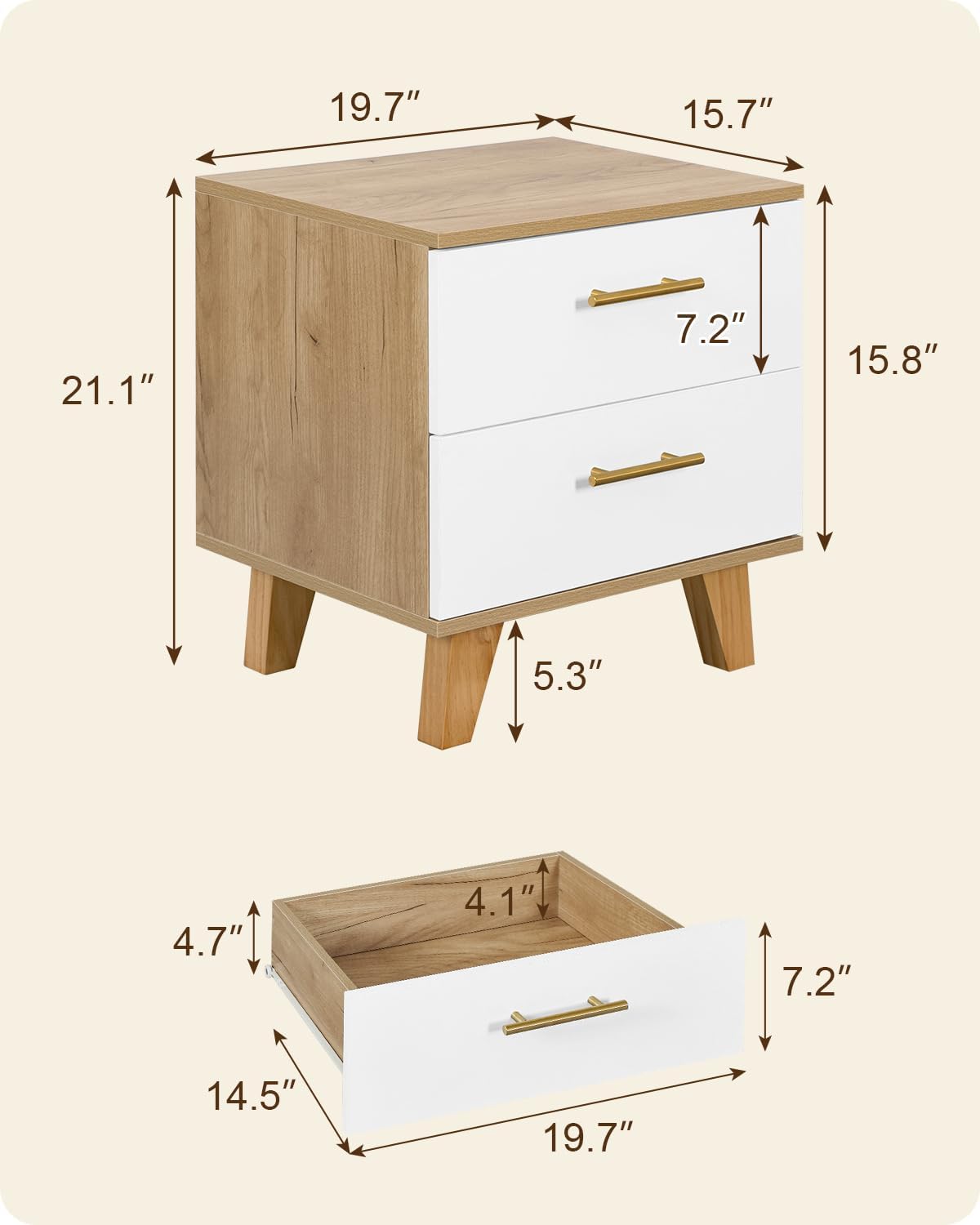 White Light Wood Nightstand with 2 Drawers - Night Stand with Drawers - Bedside Tables with Storage - Bed Side Table for Bedroom, 19.7" W x 15.7" D x 21.1" H