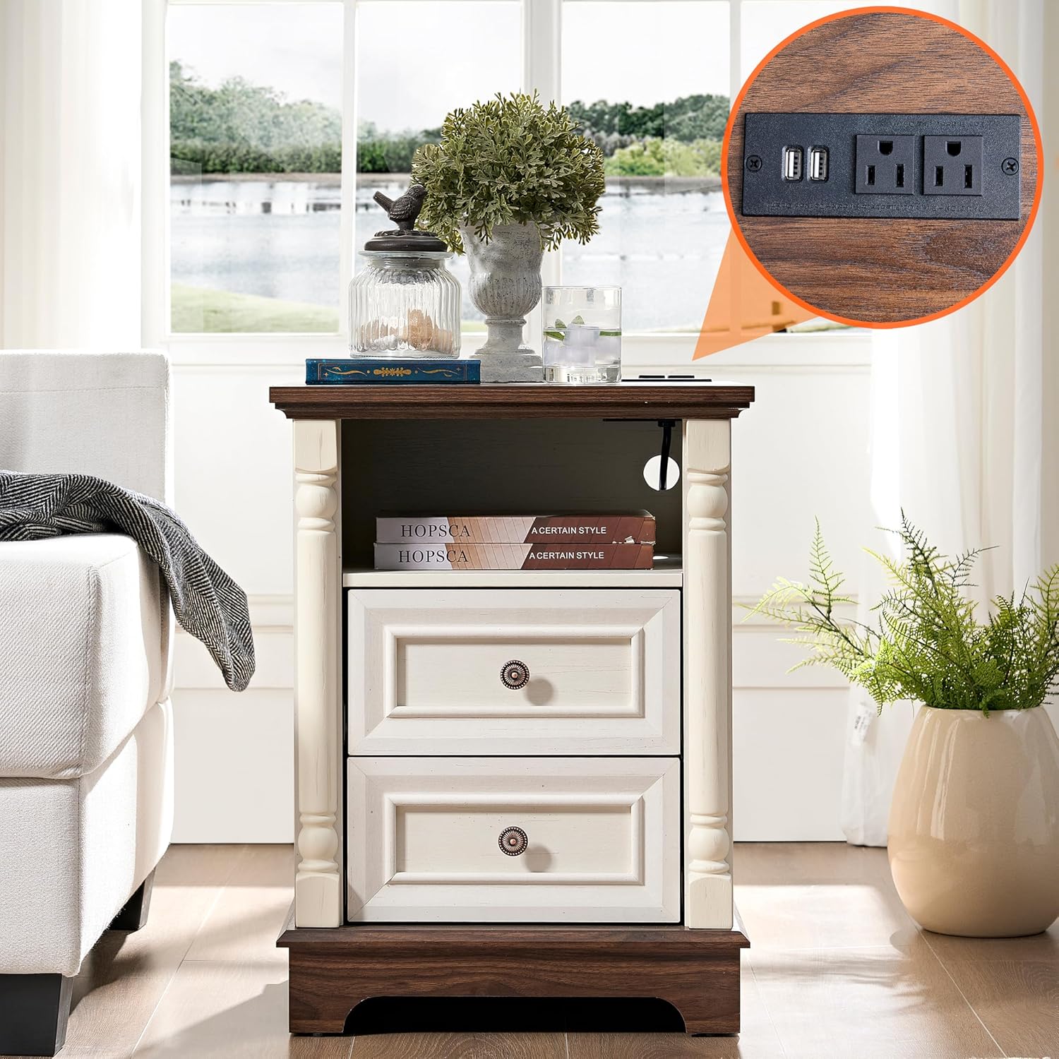 Nightstand with Solid Wood Roman Column & Charging Station, Modern 2-Drawer Bedside Table, Farmhouse Wood End Table with Storage for Bedroom/Living Room/Office, Antique White