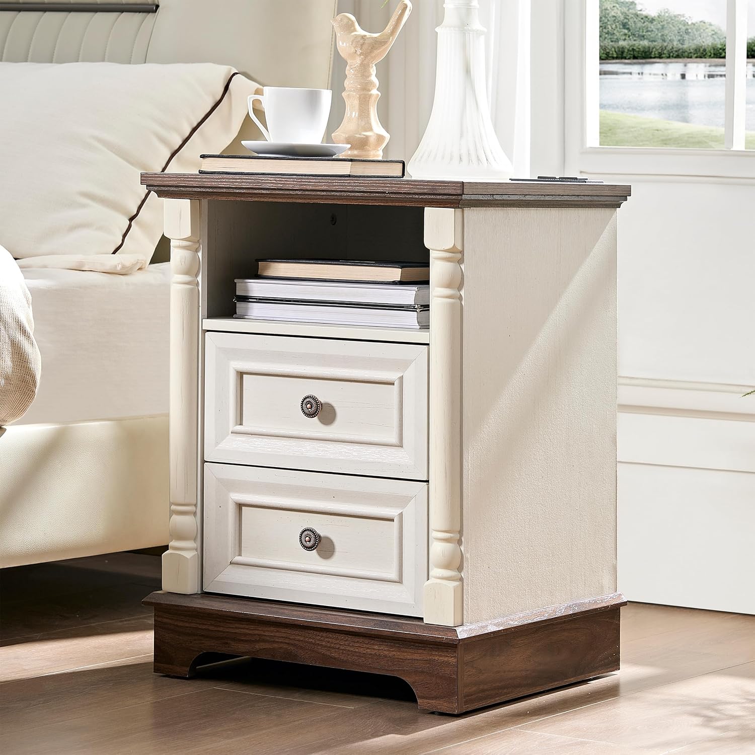 Nightstand with Solid Wood Roman Column & Charging Station, Modern 2-Drawer Bedside Table, Farmhouse Wood End Table with Storage for Bedroom/Living Room/Office, Antique White