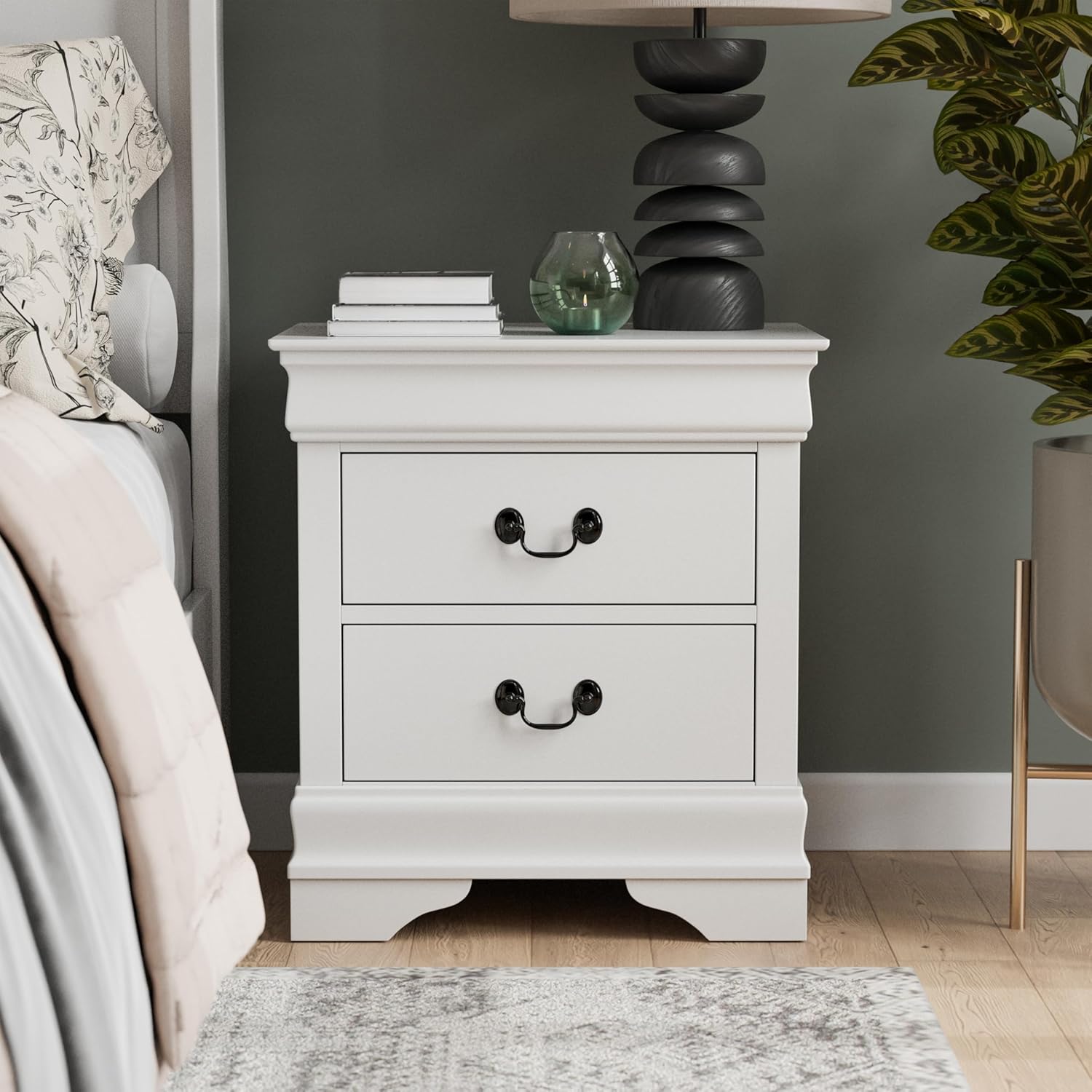 Arabella Traditional Solid Wood Nightstand with Drawers and Antique Nickle Handles, Small Bedside Table, No Assembly Wooden Night Stand for Bedroom, Guest Room, Dorm, White