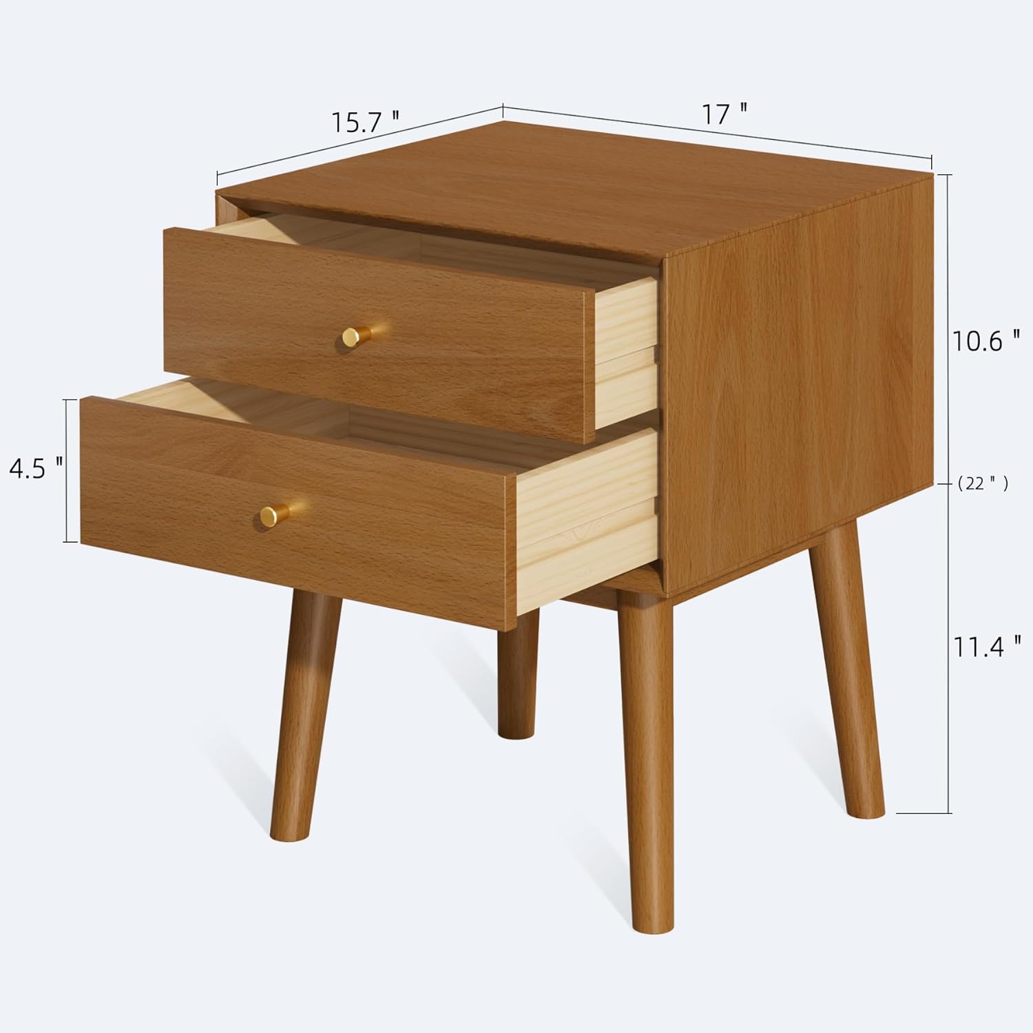 Mid Century Modern Nightstand, 2 Drawers, Solid Wood Night Stand, Caramel Colored End Table