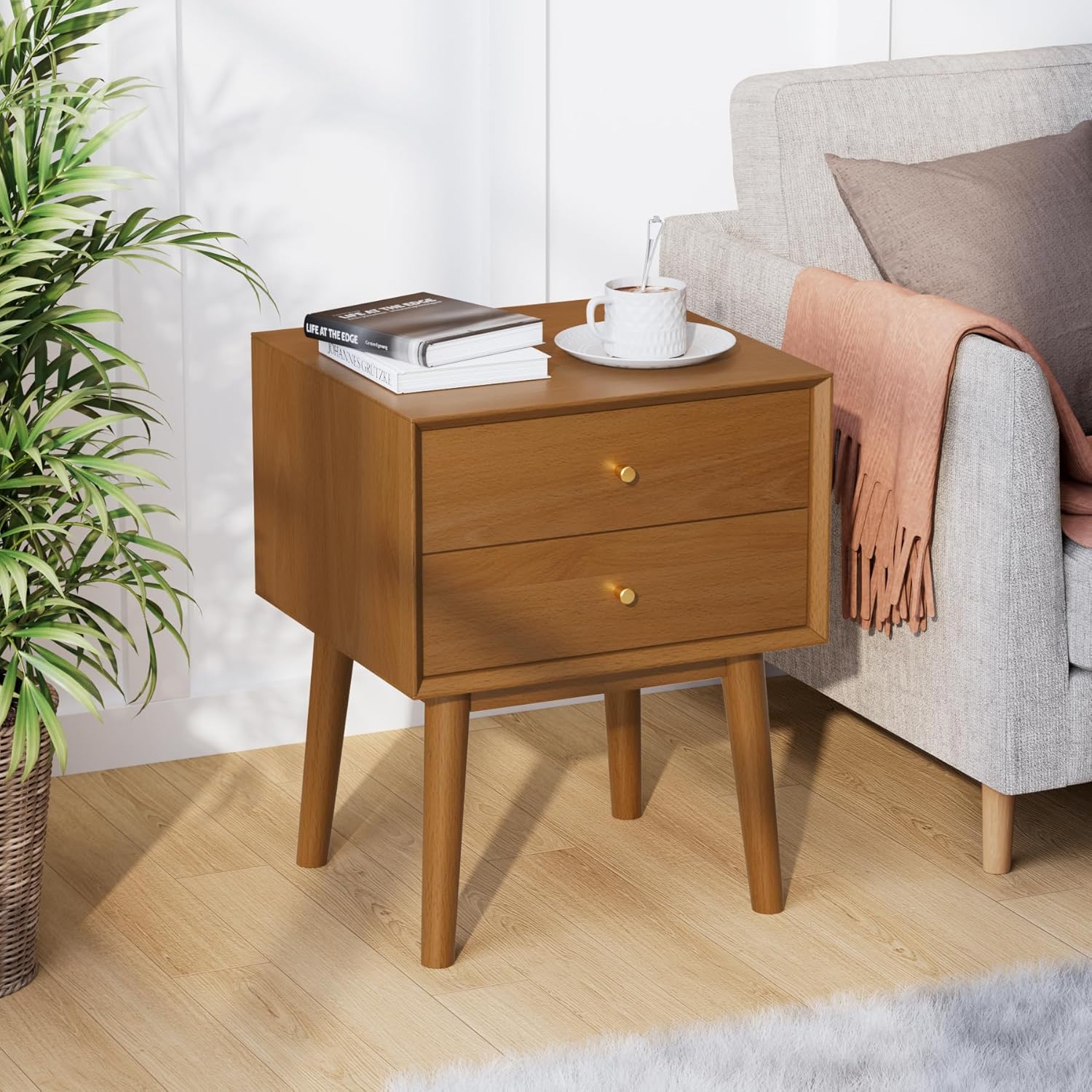 Mid Century Modern Nightstand, 2 Drawers, Solid Wood Night Stand, Caramel Colored End Table