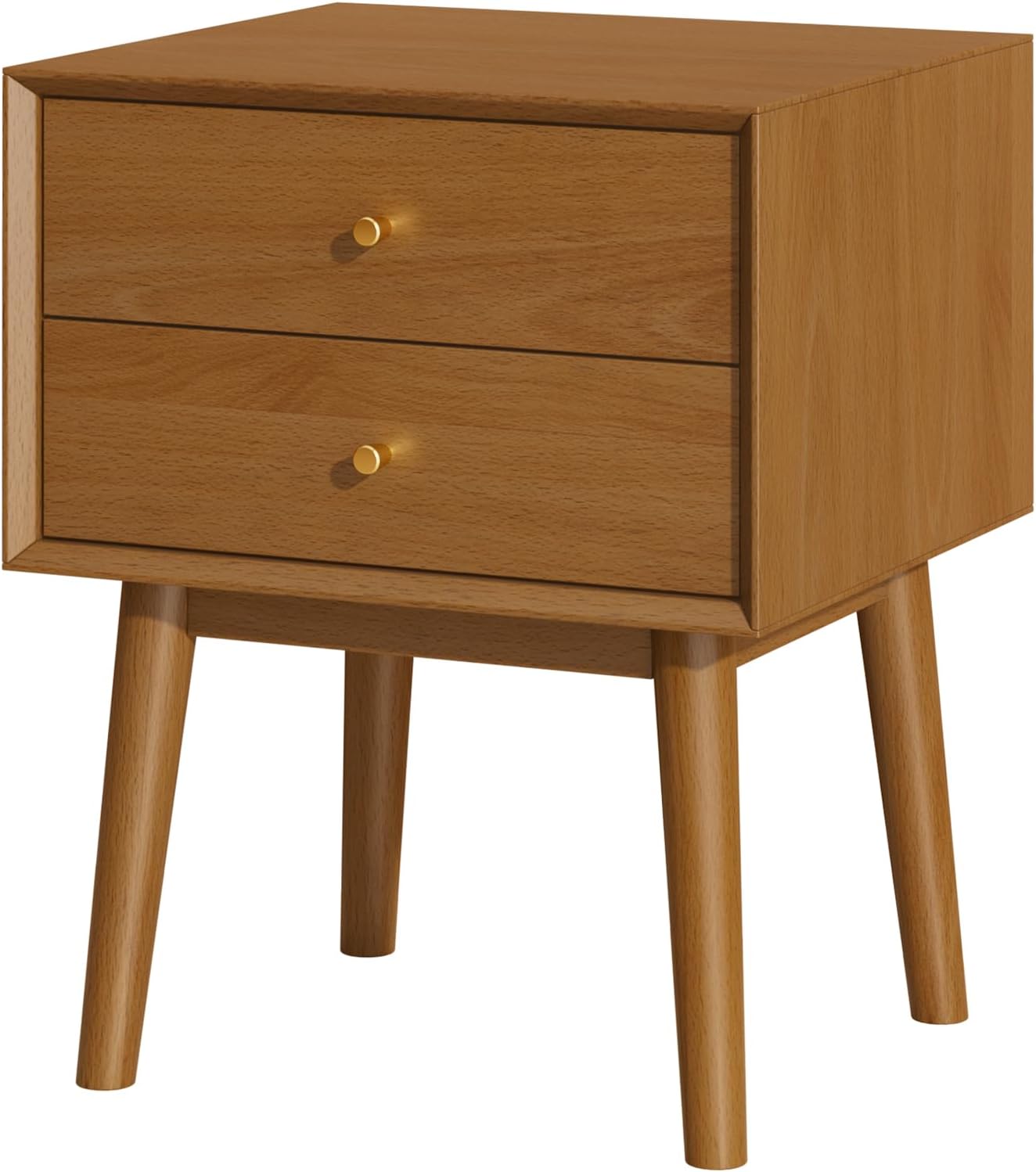 Mid Century Modern Nightstand, 2 Drawers, Solid Wood Night Stand, Caramel Colored End Table