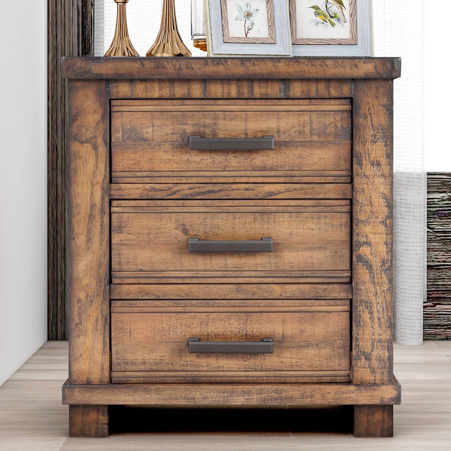 Rustic Farmhouse Nightstand with 3 Drawers-Reclaimed Solid Wood Bedside Table, Durable & Eco-Friendly Bedroom Furniture, 17" D x 24" W x 25.6" H, Brown