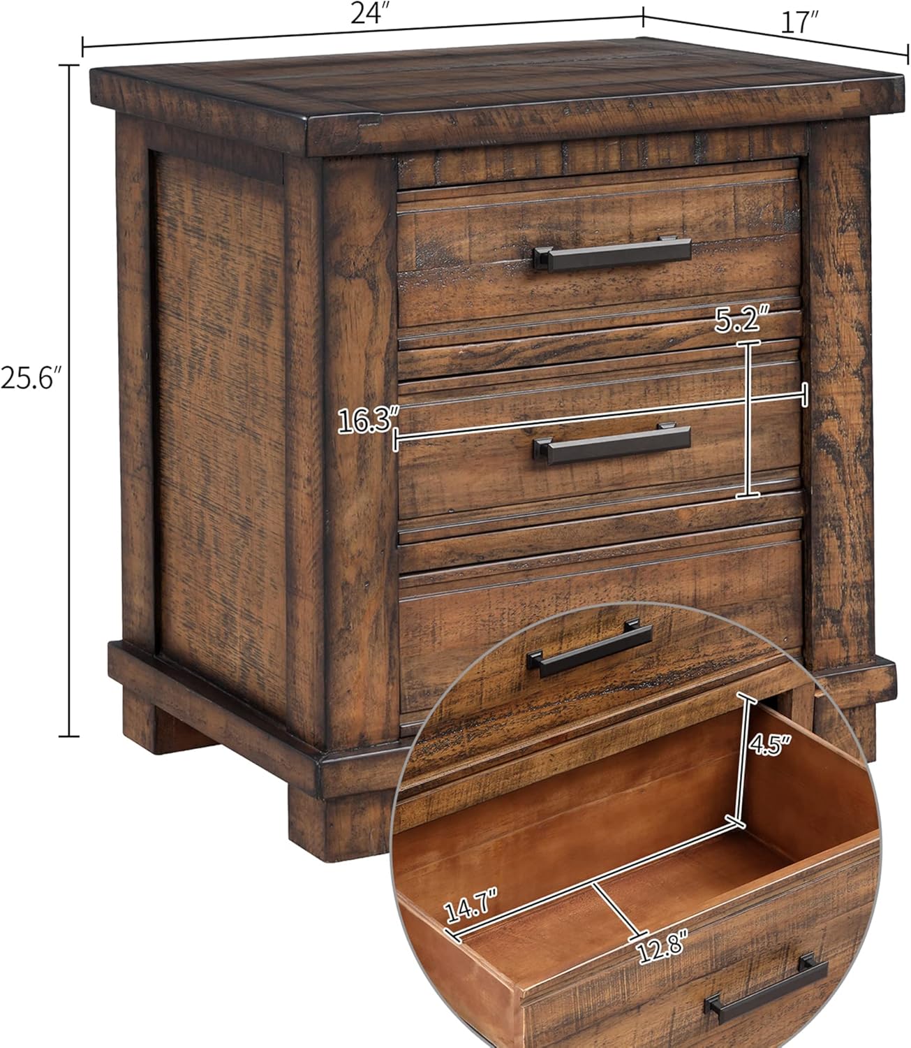 Rustic Farmhouse Nightstand with 3 Drawers-Reclaimed Solid Wood Bedside Table, Durable & Eco-Friendly Bedroom Furniture, 17" D x 24" W x 25.6" H, Brown