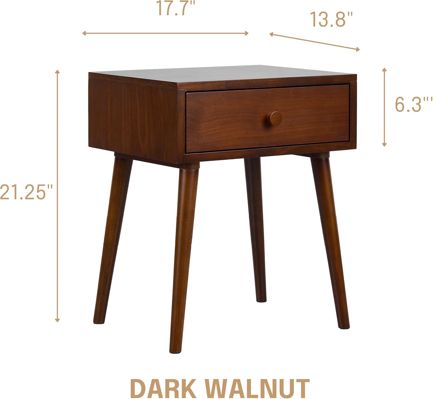 Solid Wood Nightstand with Drawer, Mid Century Modern Side Table Bedroom, Bedside Furniture, Night Stand, End Table, Easy Assembly - Dark Walnut