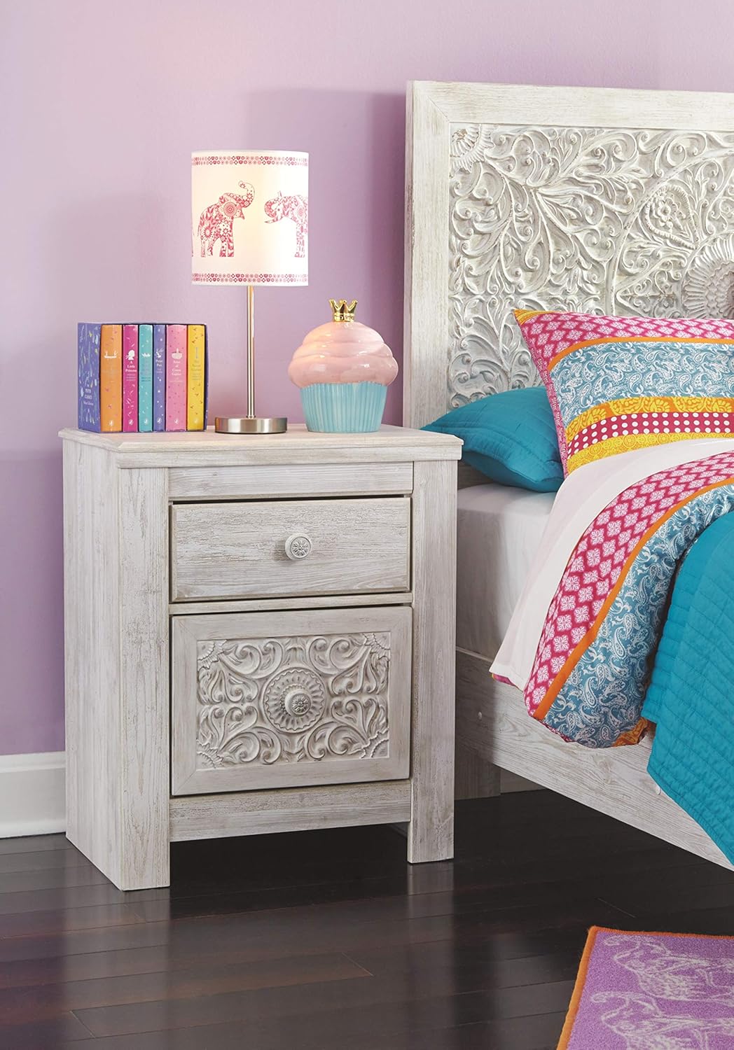 Boho 2 Drawer Nightstand with 2 Slim-Profile USB Charging Ports, 29.21" Tall, Whitewash