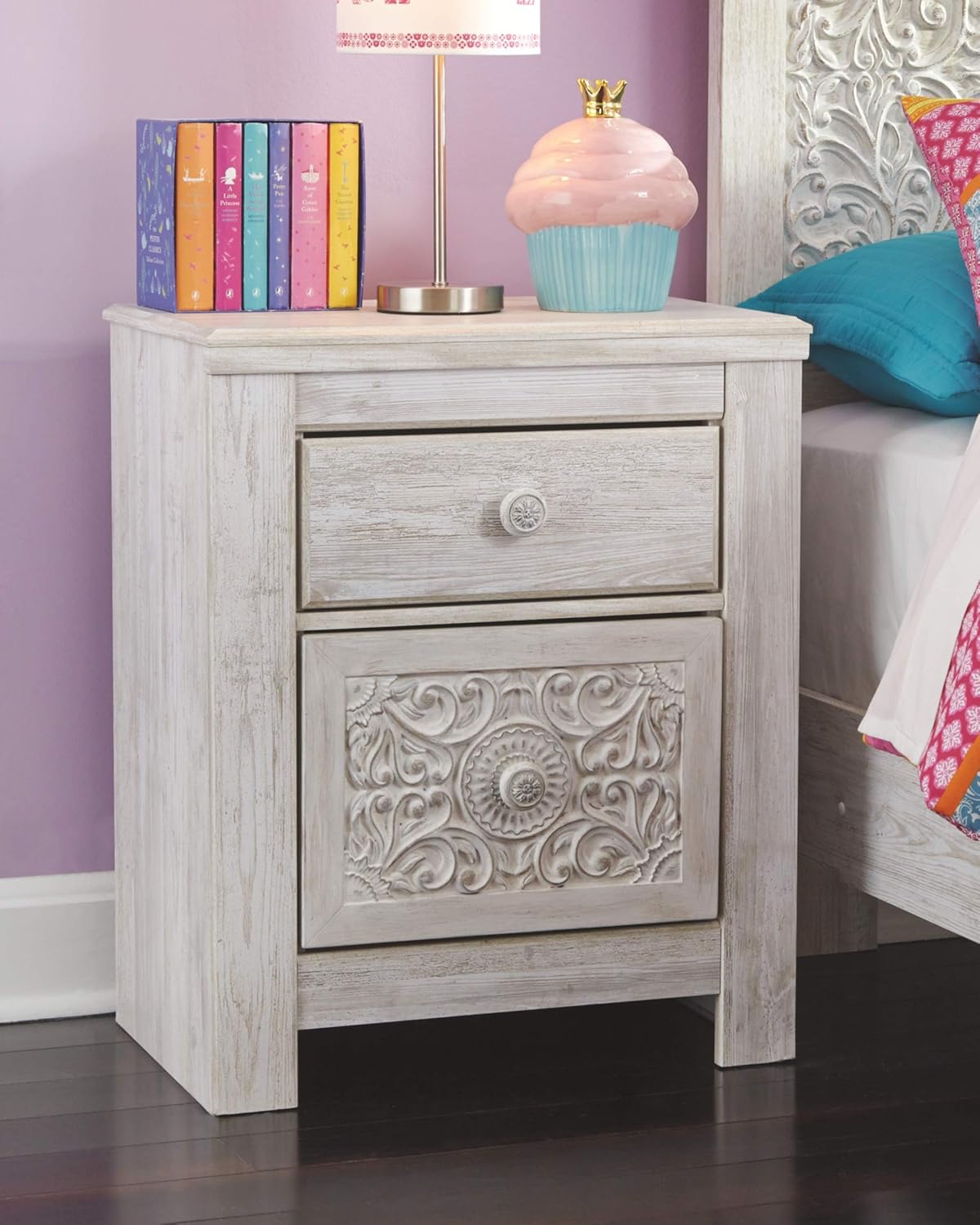 Boho 2 Drawer Nightstand with 2 Slim-Profile USB Charging Ports, 29.21" Tall, Whitewash