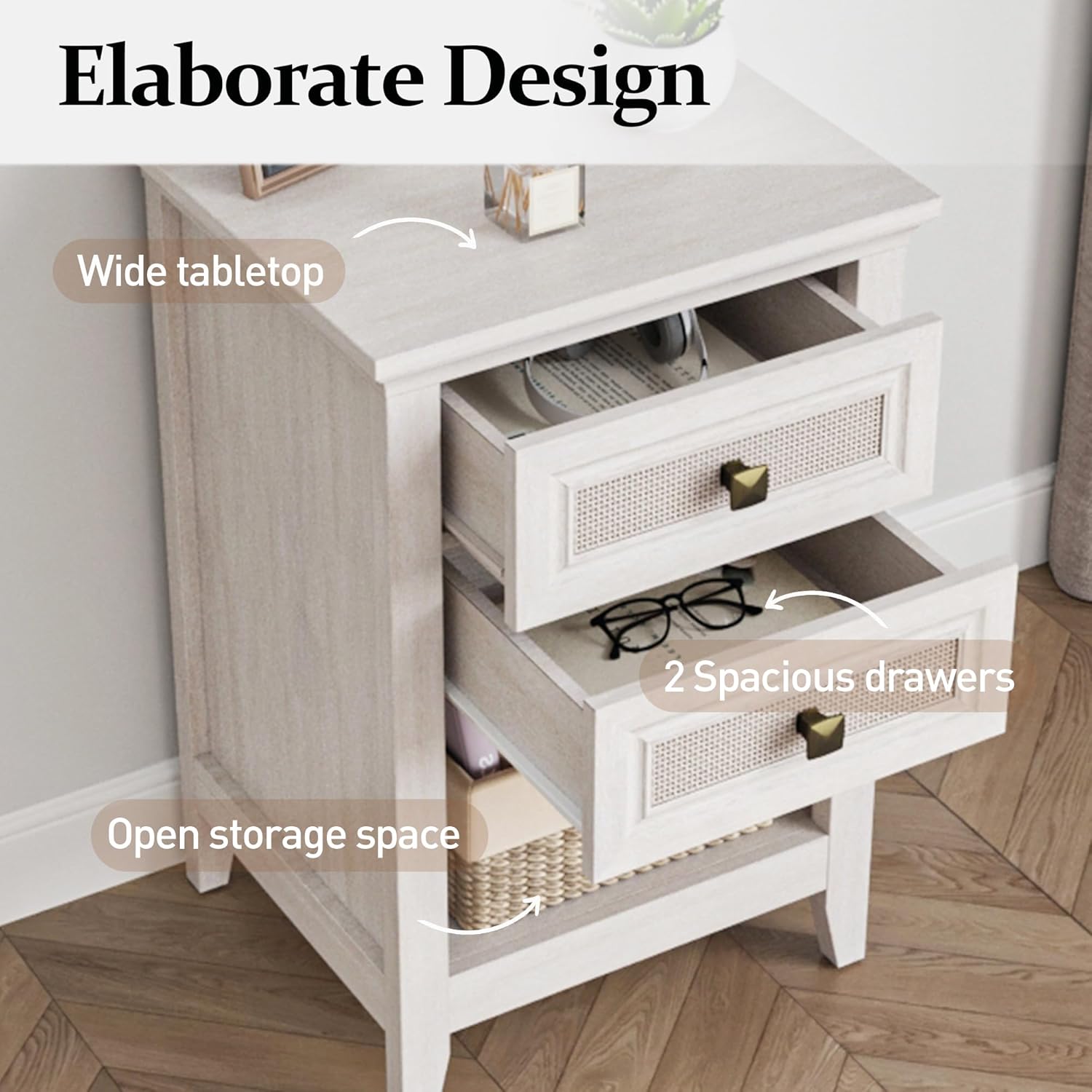 Rattan Nightstand, Boho Bedside Table with 2 Rattan Decor Drawers, Accent End Table with Open Storage Shelf, Wood Bedside Unit for Bedroom, Home Office, Grayish White