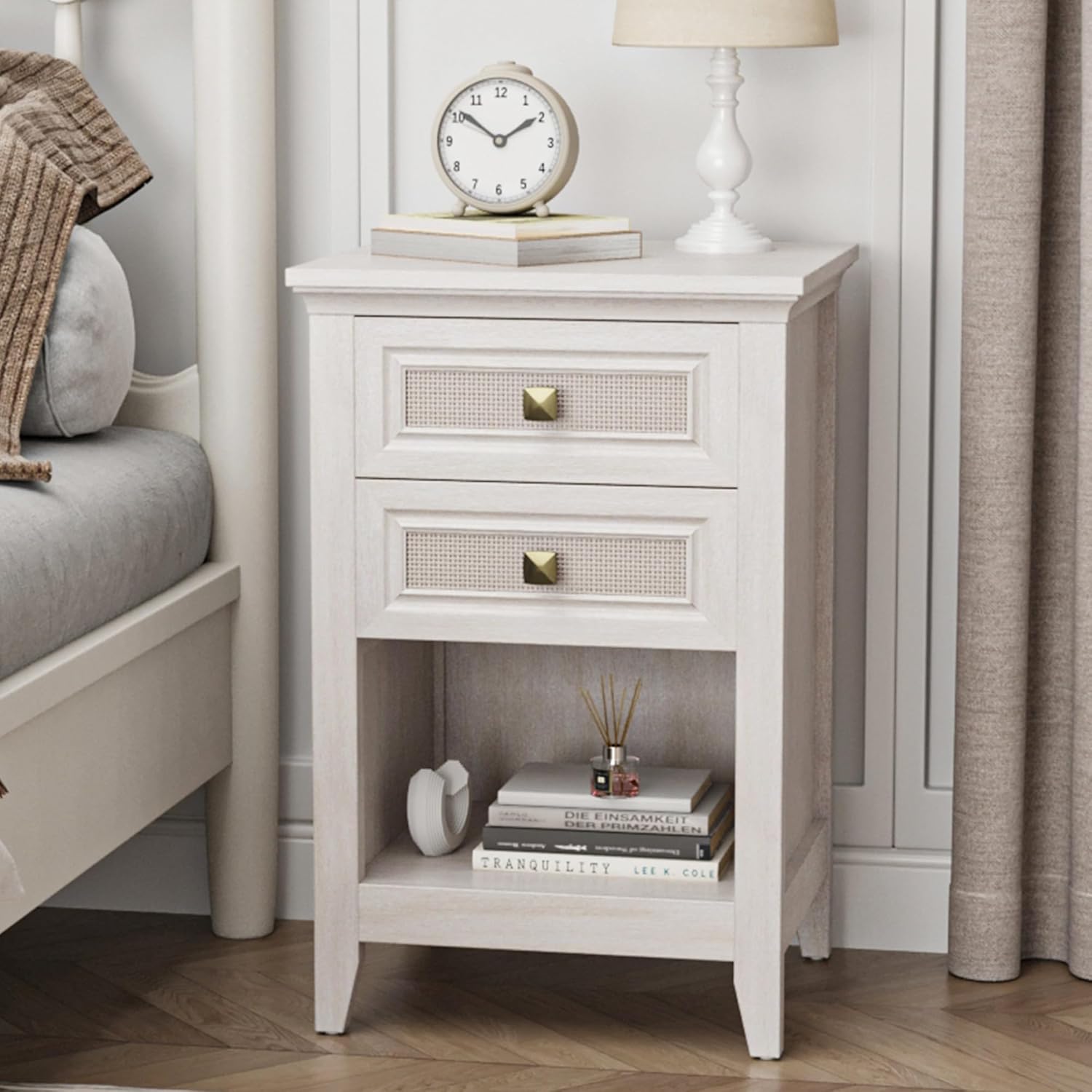 Rattan Nightstand, Boho Bedside Table with 2 Rattan Decor Drawers, Accent End Table with Open Storage Shelf, Wood Bedside Unit for Bedroom, Home Office, Grayish White