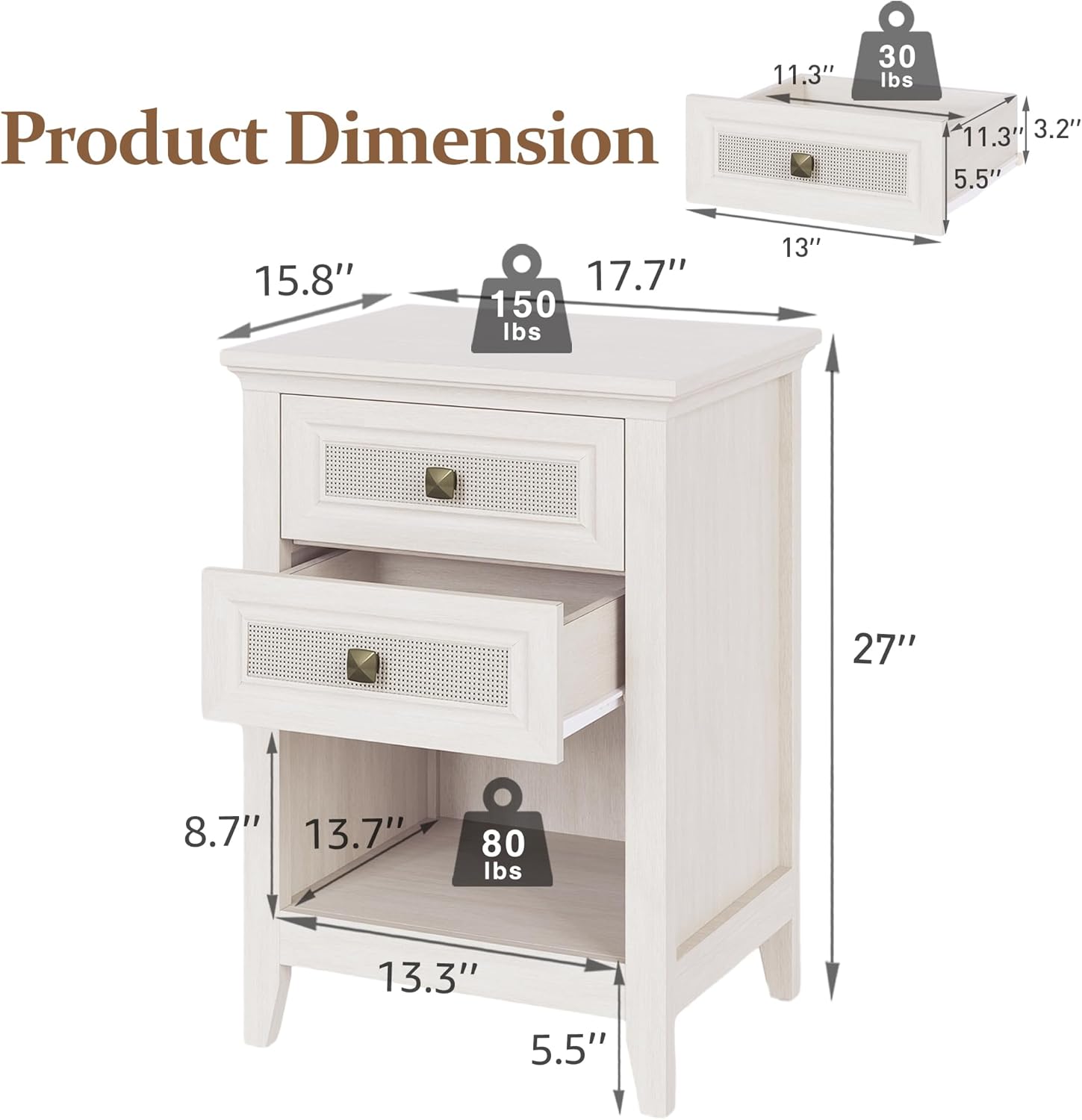Rattan Nightstand, Boho Bedside Table with 2 Rattan Decor Drawers, Accent End Table with Open Storage Shelf, Wood Bedside Unit for Bedroom, Home Office, Grayish White
