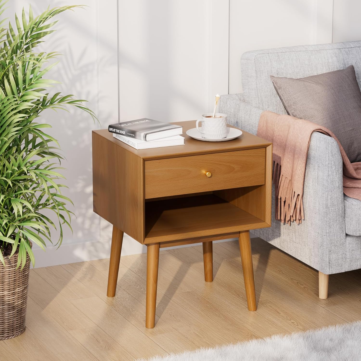 Mid Century Modern Nightstand, 1 Drawers, Bedroom Solid Wood Tall Bedside Table, Caramel Colored End Table