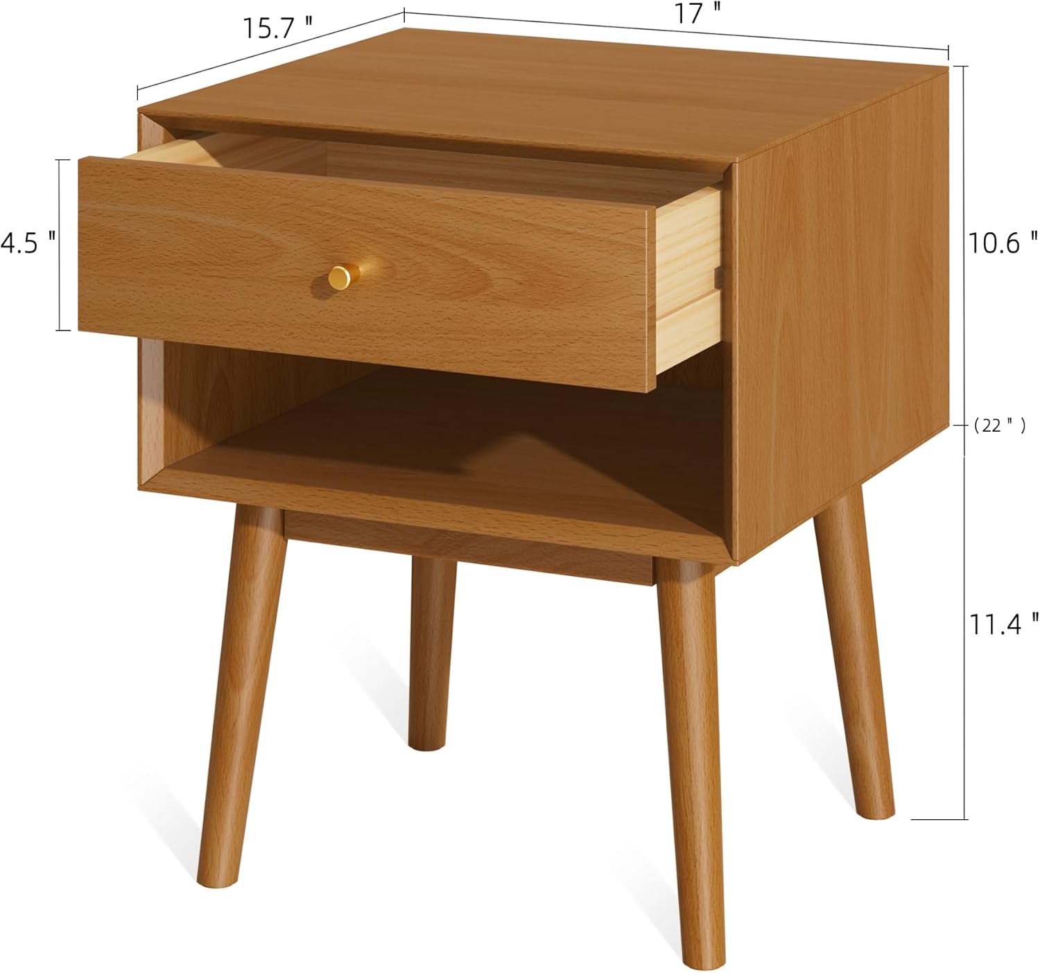 Mid Century Modern Nightstand, 1 Drawers, Bedroom Solid Wood Tall Bedside Table, Caramel Colored End Table