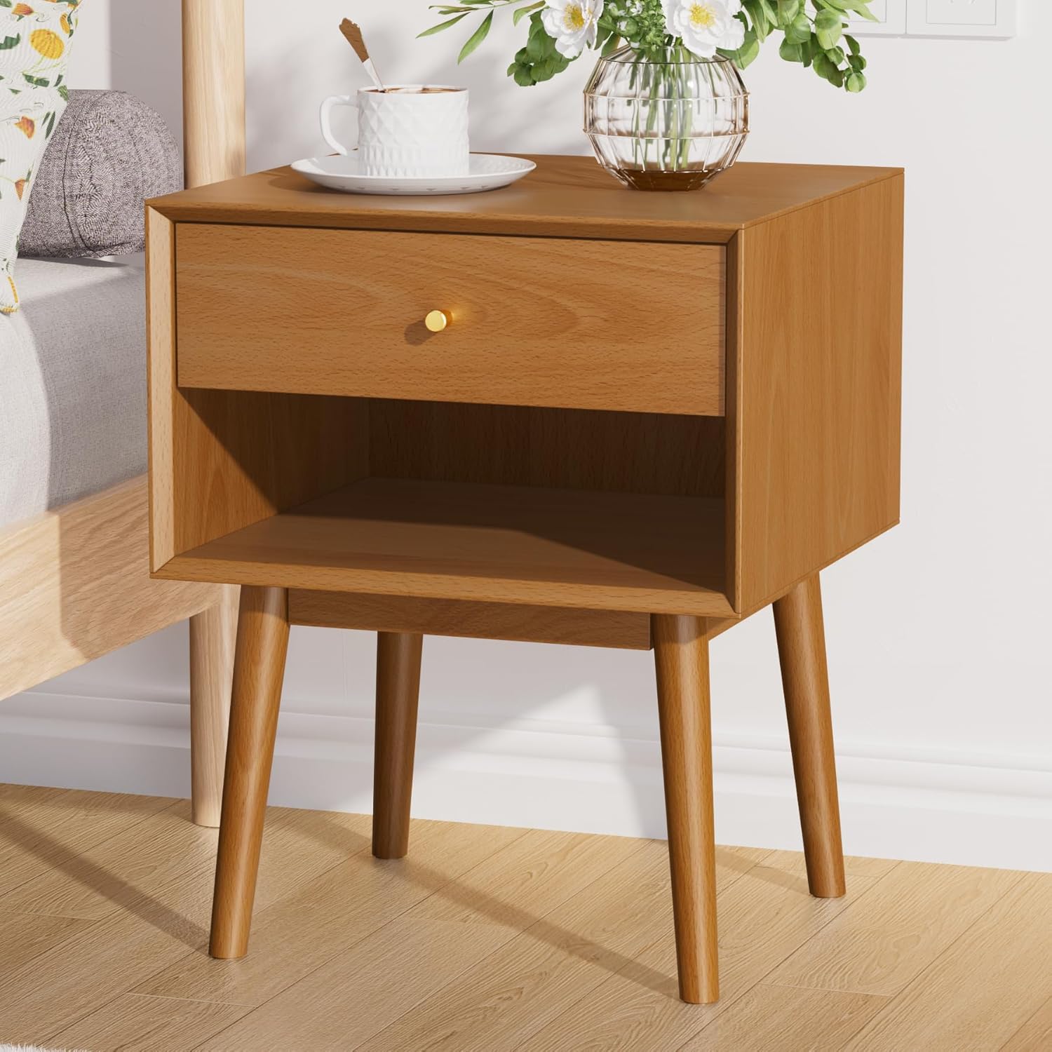 Mid Century Modern Nightstand, 1 Drawers, Bedroom Solid Wood Tall Bedside Table, Caramel Colored End Table