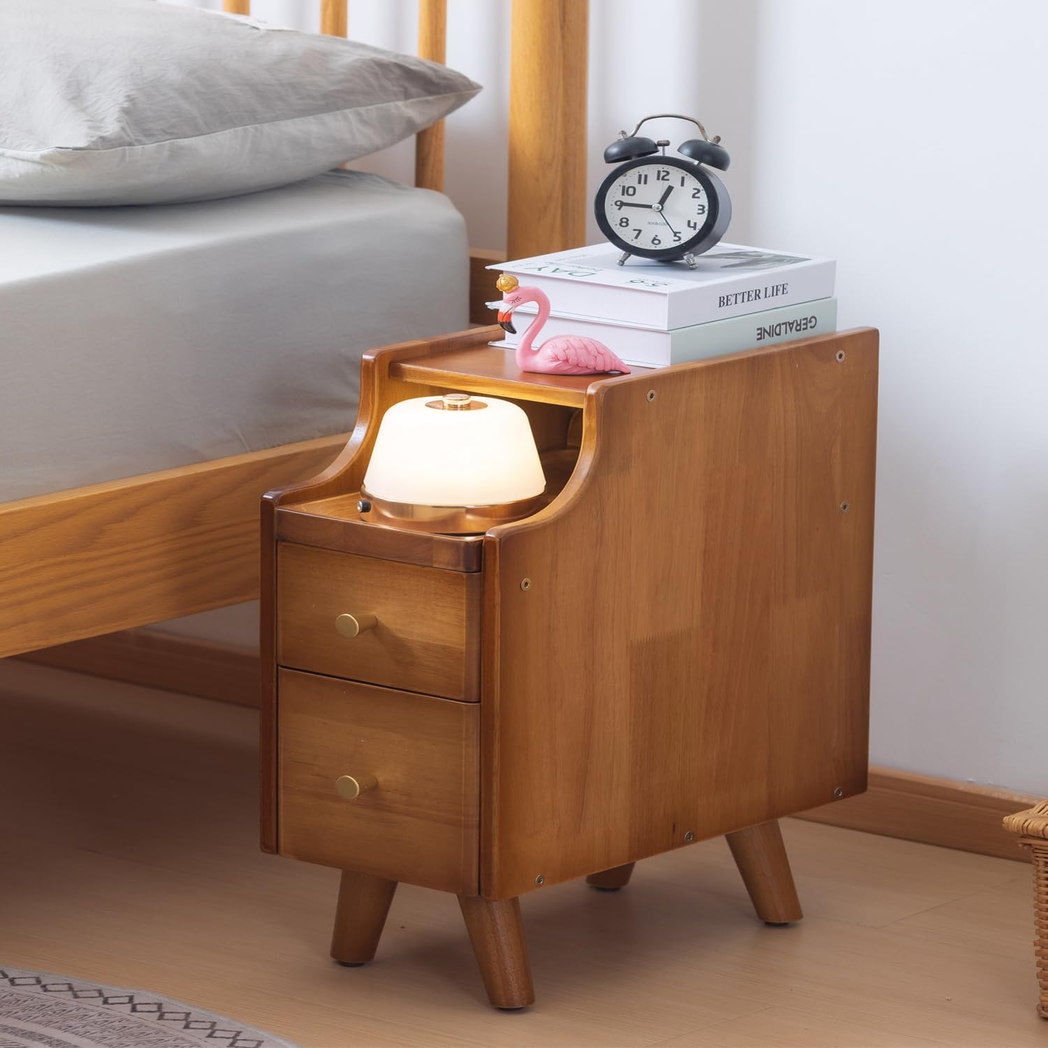 Solid Wood Nightstand, 2-Drawer Bedroom Nightstand, Small Nightstand with Shelf Storage(Walnut, 9.84''W)