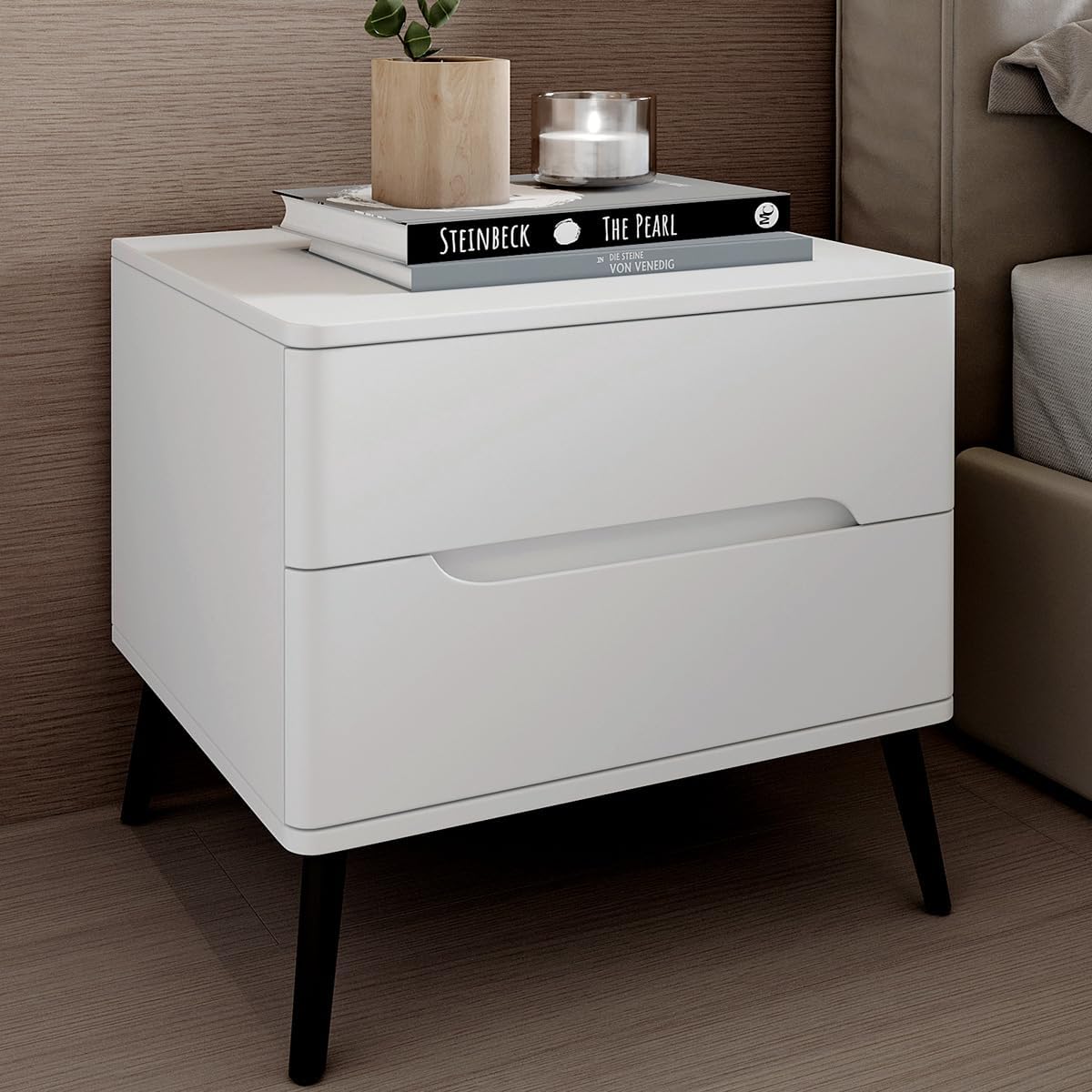 White Nightstand, Solid Wood Bedside Table with 2 Drawers, Rounded Corners for Safety, Hidden Handles, Complements Various Home Décor Styles, 15.7" D x 17.7" W x 18.7" H (Easy Assembly)
